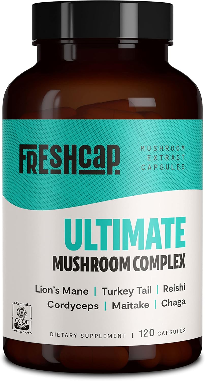 FreshCap Ultimate Mushroom Complex - Ayurveda Lions Mane, Reishi, Cordyceps, Chaga, Turkey Tail, Maitake - Immune Support & Nootropic Supplements for Immunity, Energy, Memory & Focus (120 Capsules)