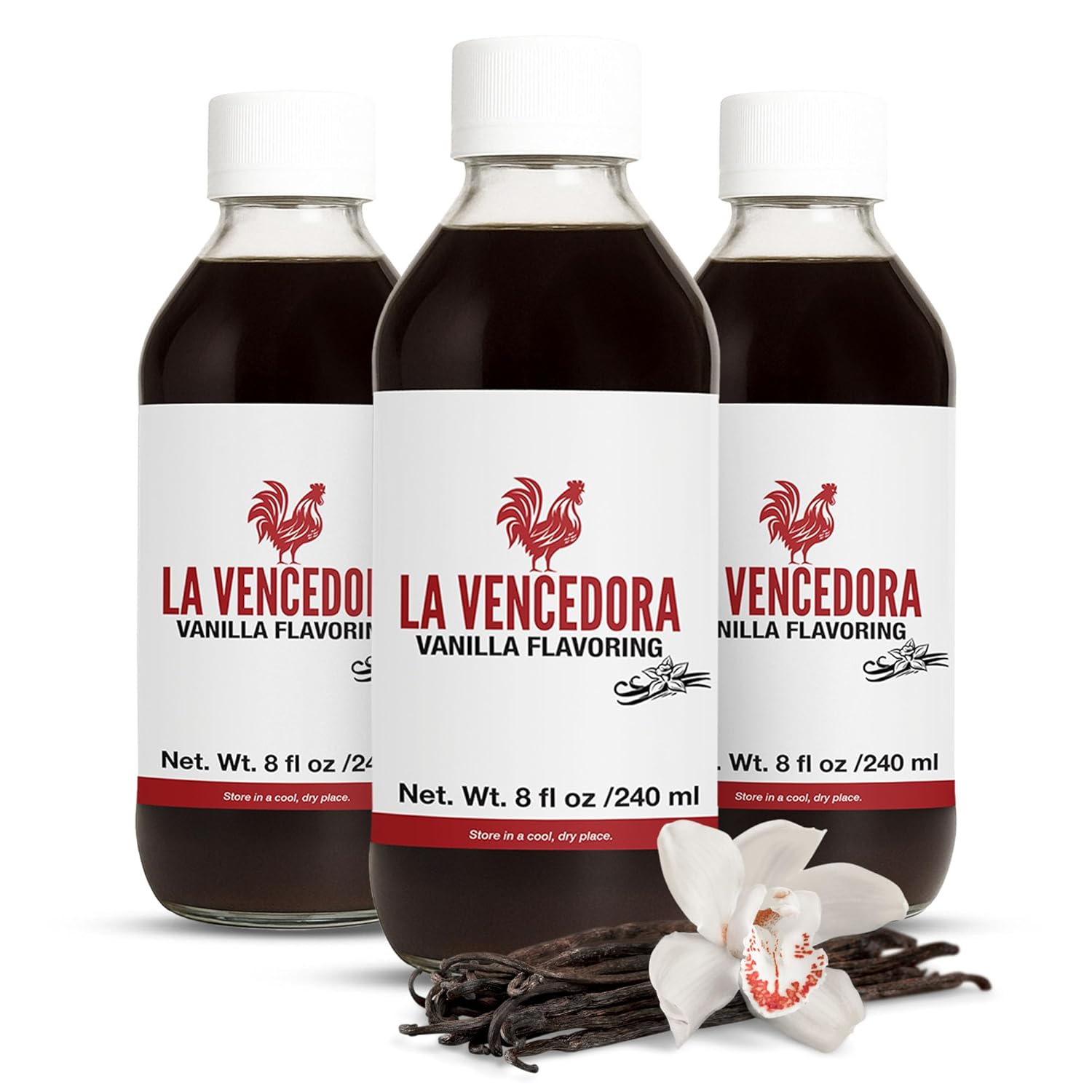 La Vencedora Mexican Vanilla 3 Pack – 8 fl oz Bottles – Traditional Vanilla Flavoring for Baking, Cooking & Desserts – Vegan, Glutten Free, Natural Process, Made in Mexico