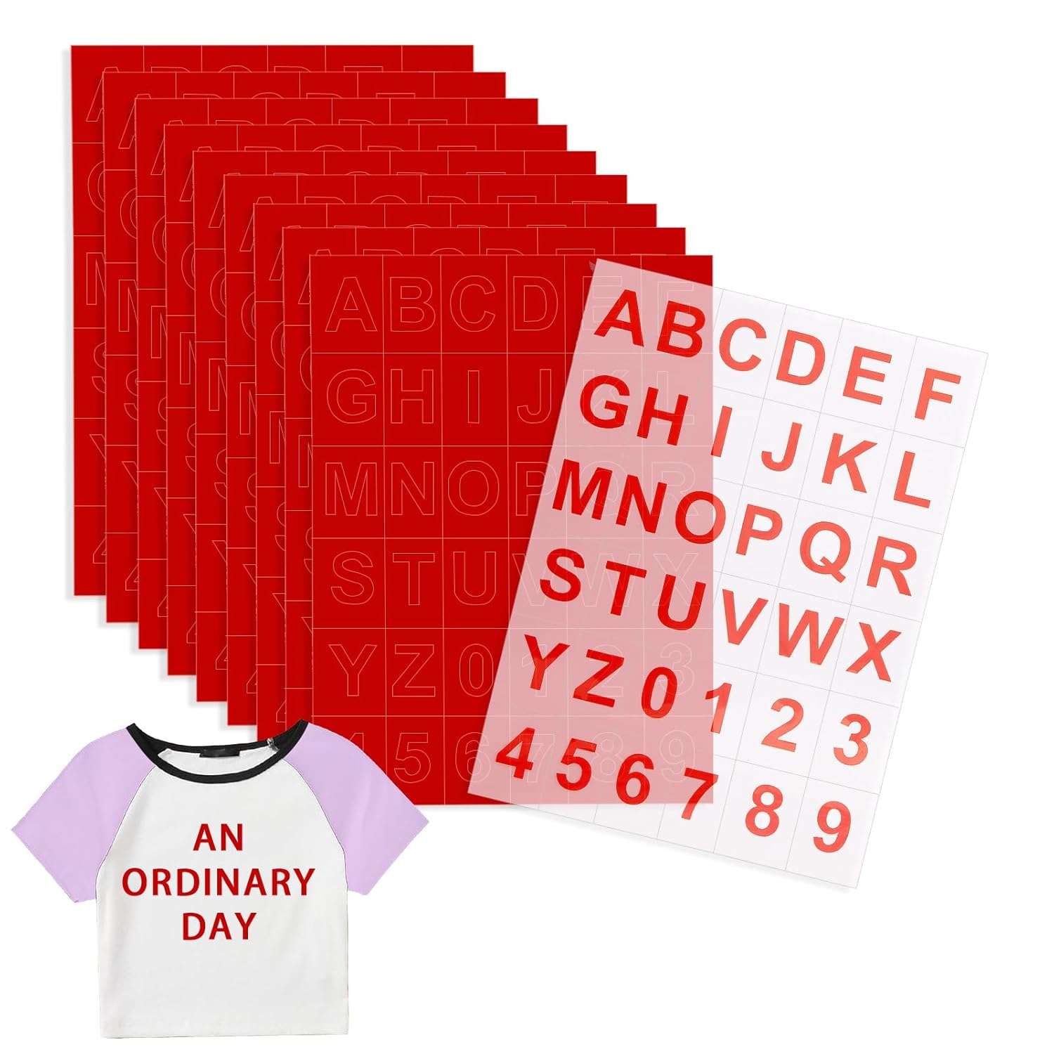 VINYL FROG Iron on Letters for Clothing 10 Sheets HTV Vinyl Red Heat Transfer Vinyl 360 Pcs Heat Transfer Letters A-Z and Numbers 0-9 for Sport T Shirts Team Name Clothes Slogan Printing DIY Crafts