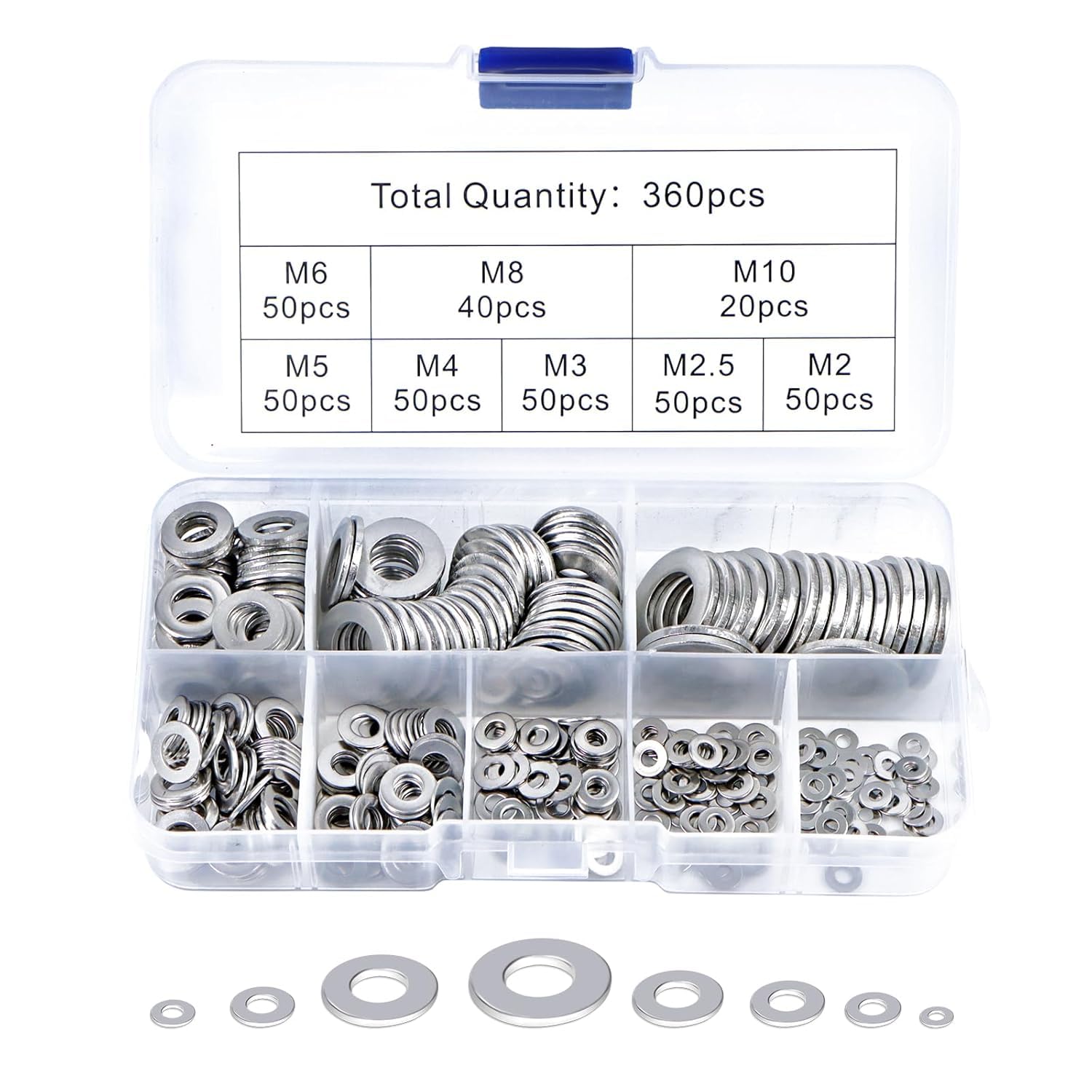 360 pcs Stainless Steel Washers, Flat Washers, Washer Assortment with Assortment Box, Washer for Screws & Nuts & Threaded Rods (M2 M2.5 M3 M4 M5 M6 M8 M10)