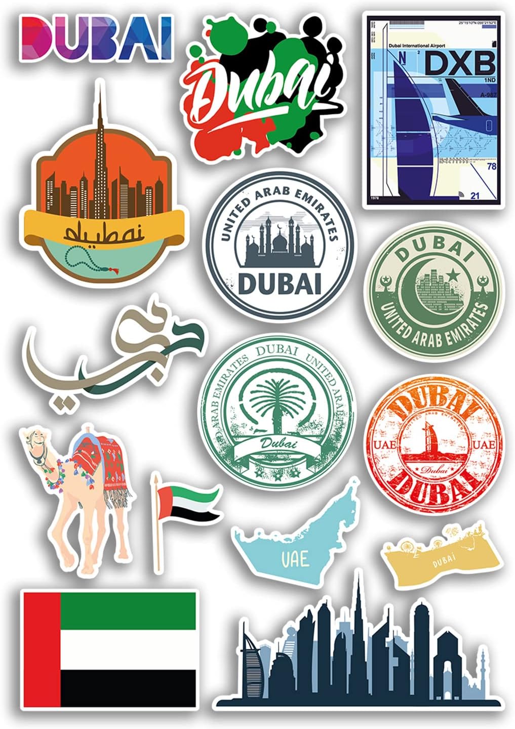 A4 Sticker Sheet Dubai Vinyl Stickers - United Arab Emirates UAE Landmarks City Beach Flag Map Holiday Suitcase Luggage Scrapbook Culture Travel #78872