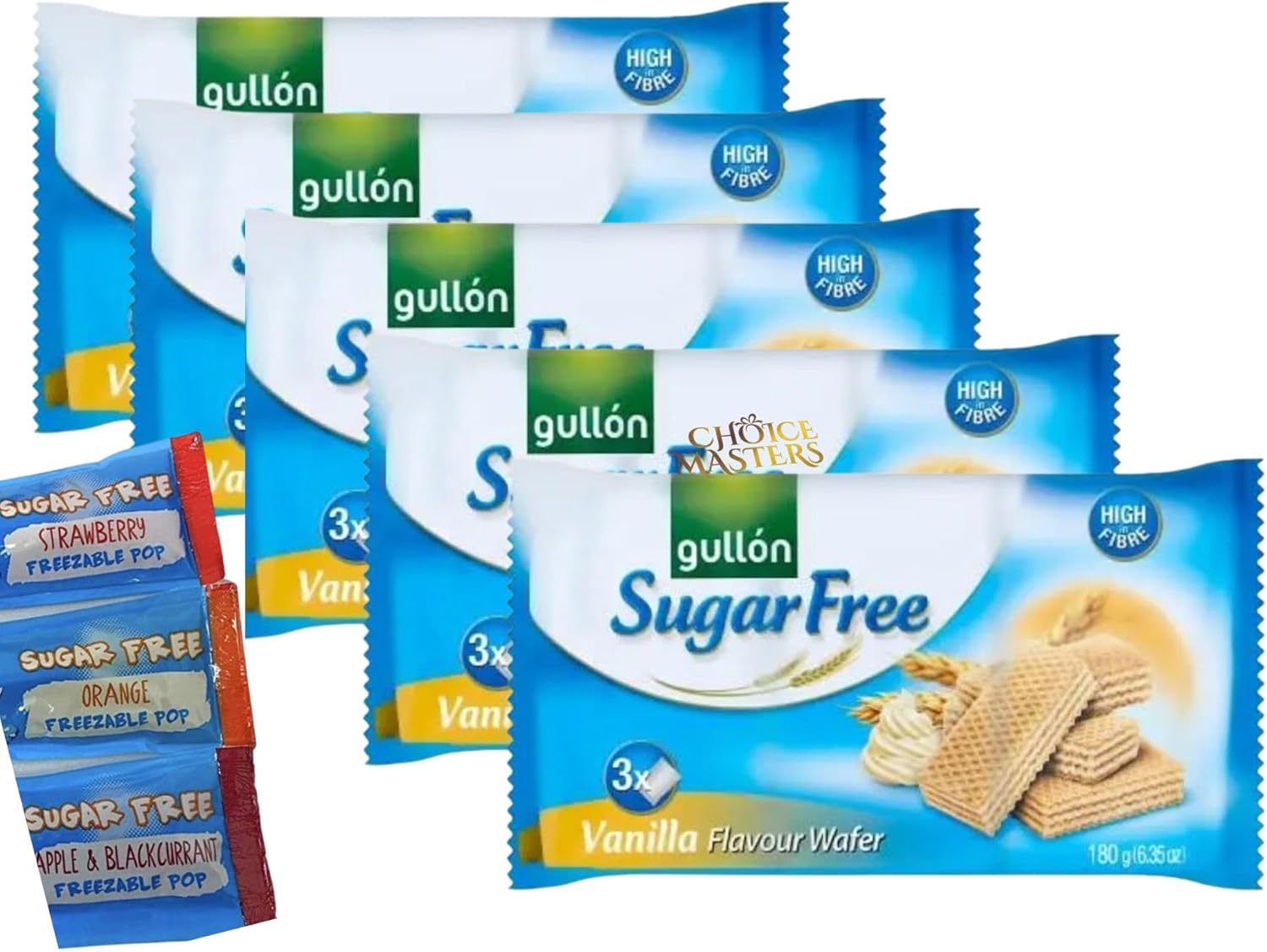 Gullon Sugar free Vanilla Wafers 180g pack of 5, Perfect for gifting, Healthy snacks foods with 1 x Sugar Free Ice Lolly (Vanilla Flavour)