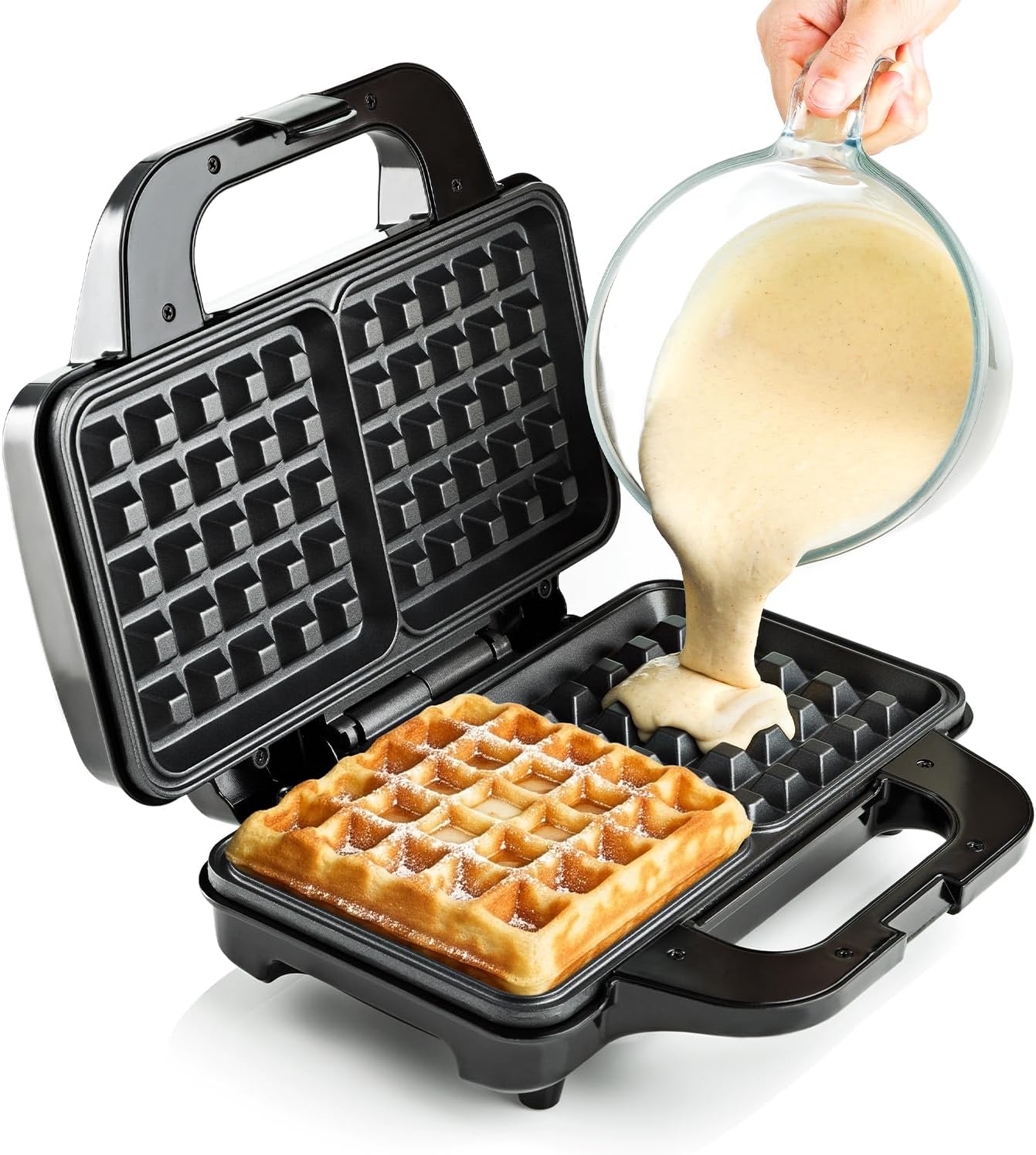 GLOBAL GOURMET Square Waffle Maker Iron Machine 1000W I Snack & Dessert Maker I Electric I Non-Stick Coating Mould I Deep Cooking Plates I Recipes Included