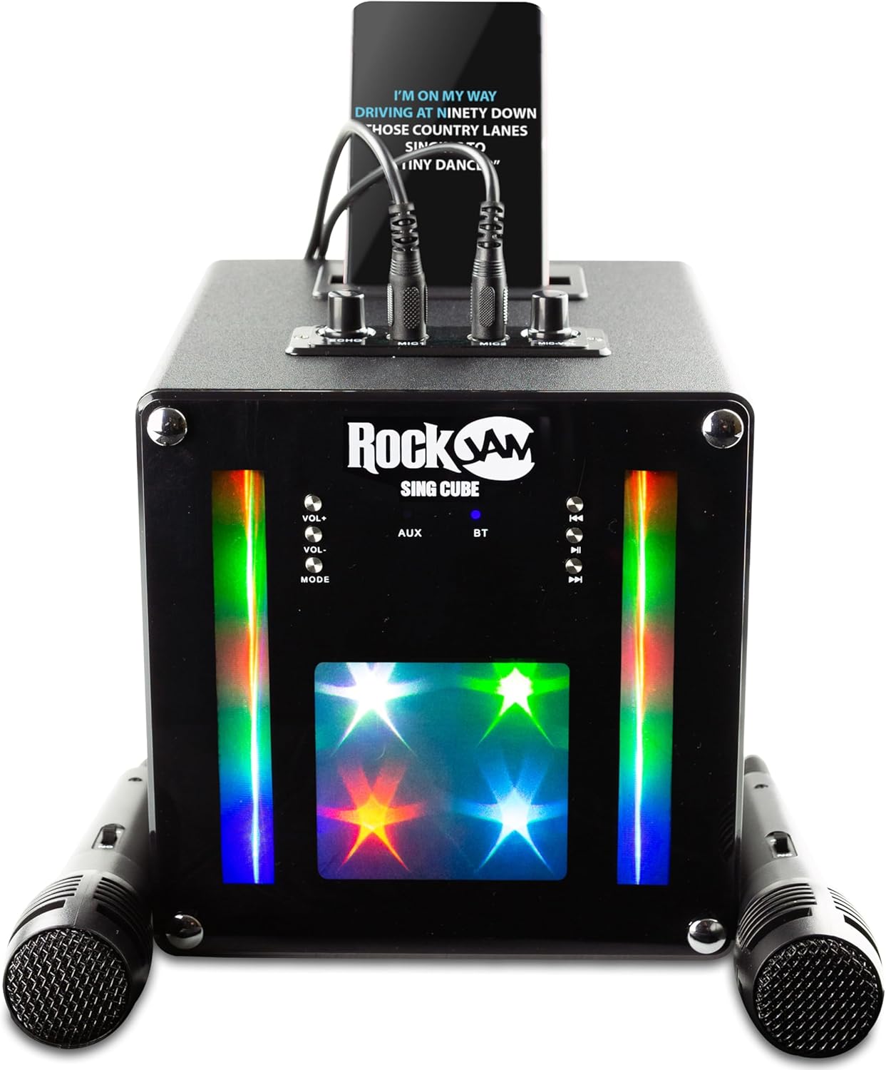 RockJam Singcube 5 Watt Bluetooth Karaoke Machine with Dual Microphones, Voice Change Effects and LED Lights, Black
