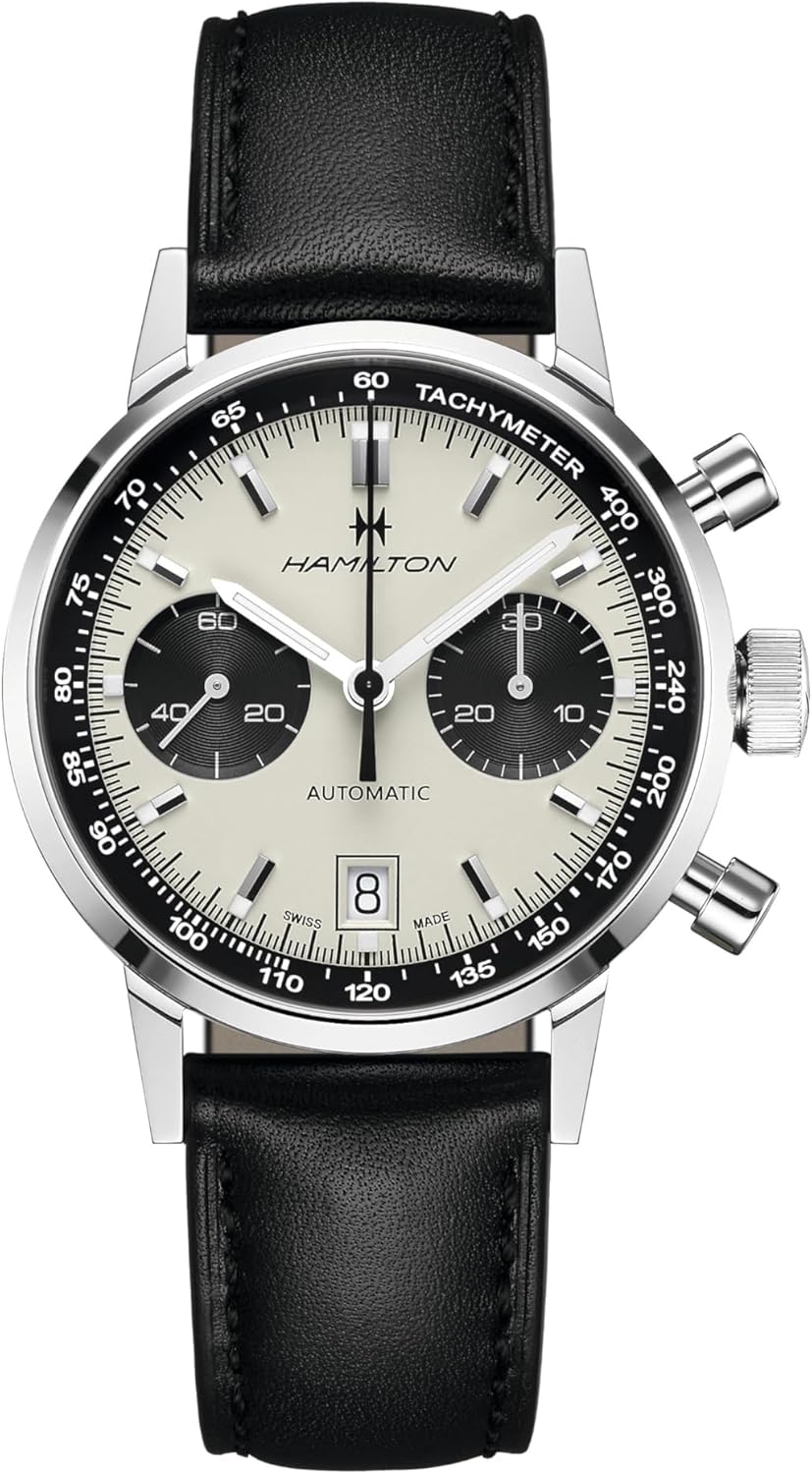 Hamilton Watch American Classic Intra-Matic Auto Chrono | Swiss Made | 40mm Stainless Steel Case | White Dial Analog Watch | Black Leather Strap (Model: H38416711)