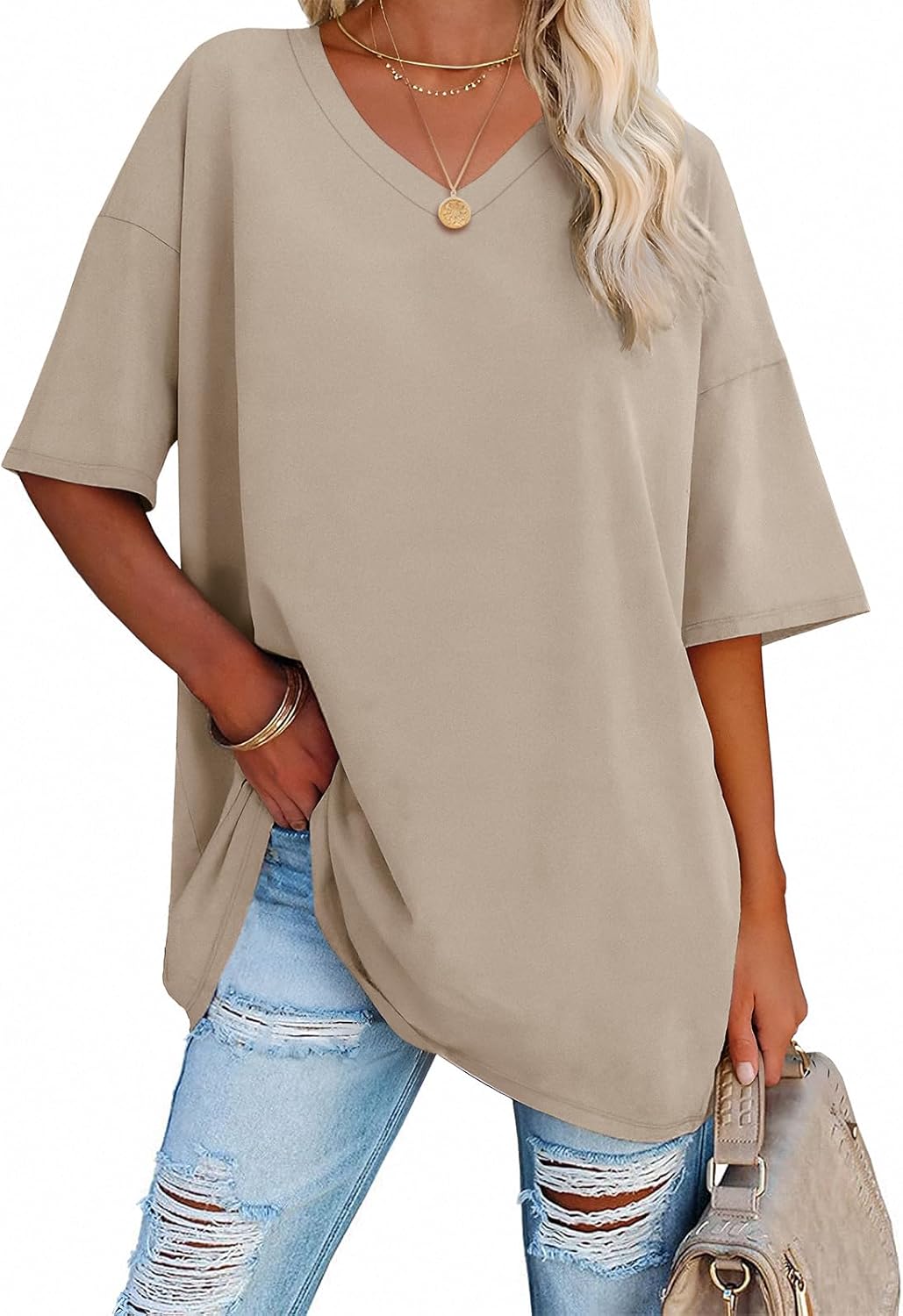 ATHMILE Womens Summer Oversized Shirts V Neck Plus Size Spring Workout Tops Beach Vacation 2025 Gym Clothes