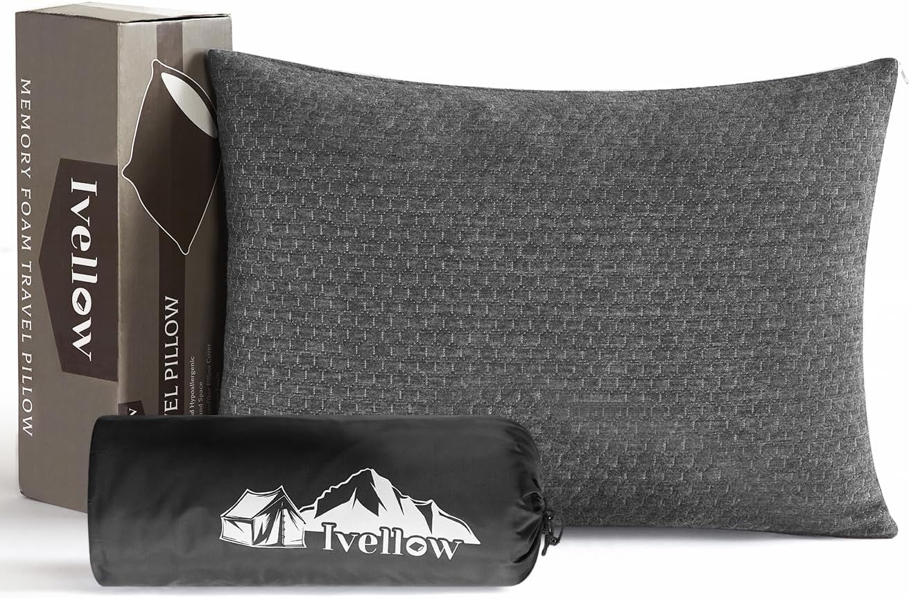 Ivellow Travel Pillow Compressible Camping Pillow for Sleeping Shredded Memory Foam Pillow Compact Firm Supportive Pillow for Adults Kids Outdoor Backpacking Hiking Essential Gear