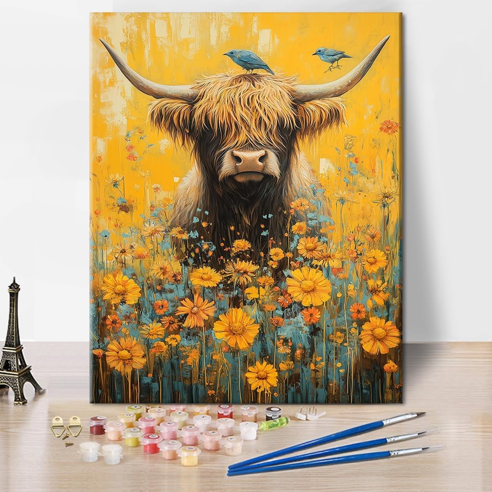 TISHIRON Paint by Numbers for Adults Scottish Highland Cow Art Kit with Flowers Depth of Field Vibrant Colors Stress Relief Creative Hobby Canvas Painting Nature Wall Decor 16x20 Inch‌