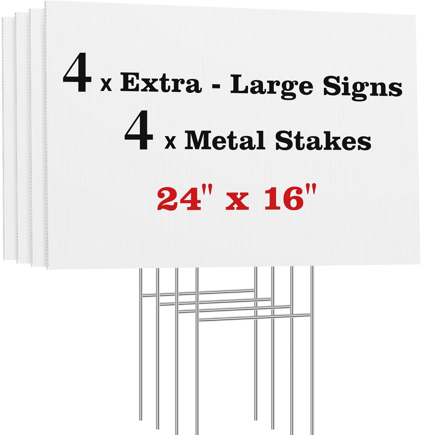 Blank Yard Signs with Stakes, 24 x 16 Inches Corrugated Plastic Custom Sign, Stickable and Double-Sided, 4 Pack Large Sign for Garage, Rent, Birthday, Real Estate, Open House, and Guidepost