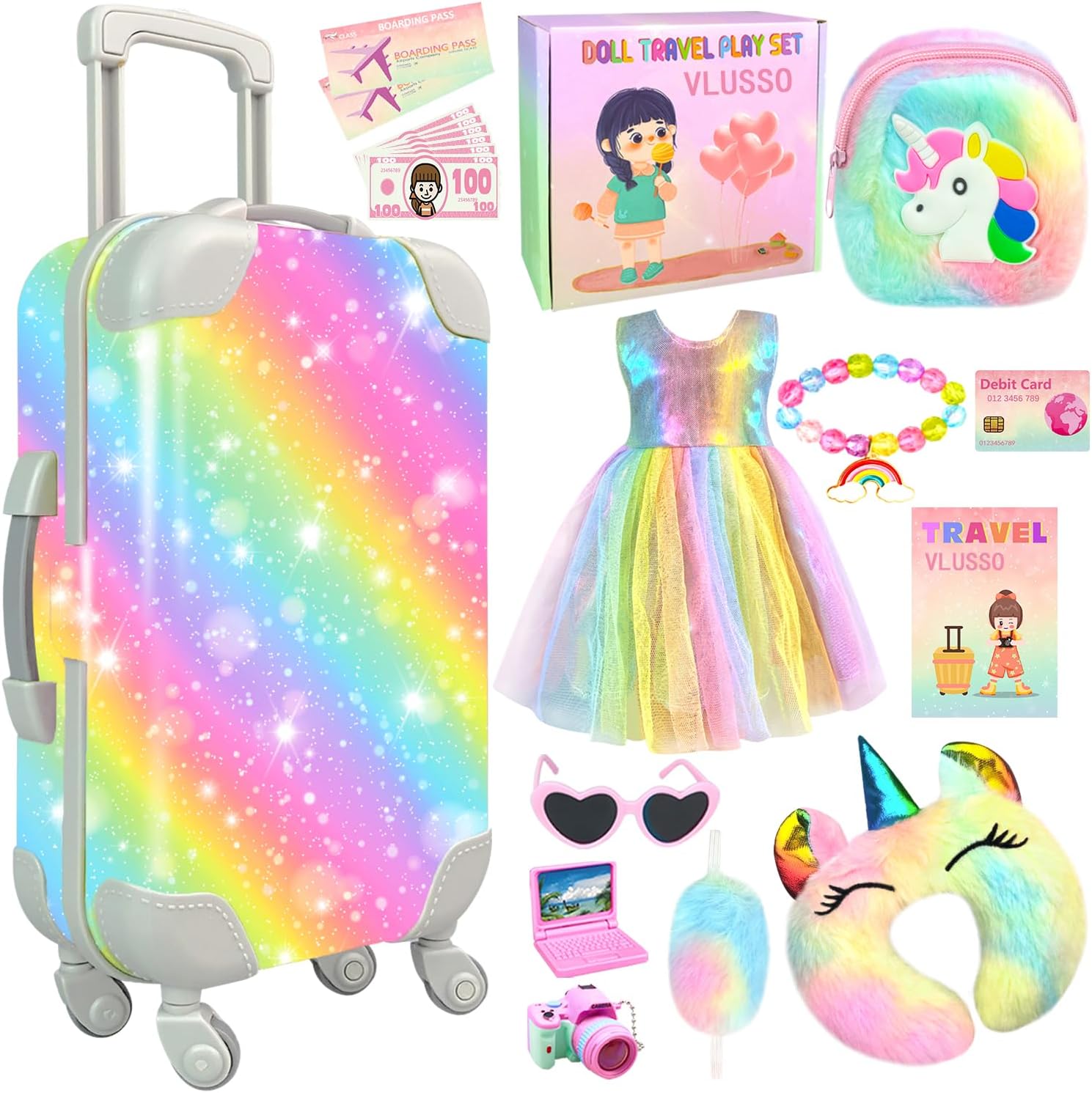 19Pcs 18 inch Girl Doll Accessories Case Luggage Travel Play Set with Doll Clothes Camera Travel Pillow Bag Dress Glasses Doll Stuff Fit 18 inch Doll Christmas Birthday Gift