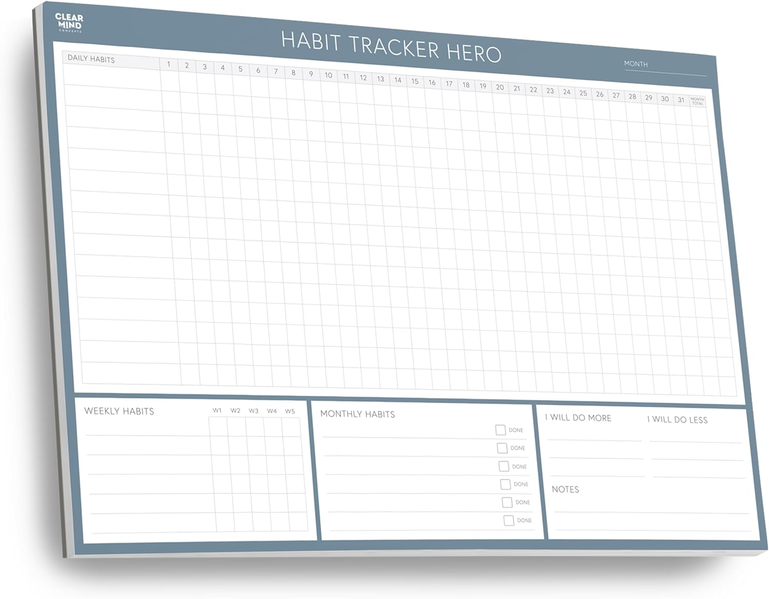 Habit Tracker Hero - A4 Habit Tracker Pad by Clear Mind Concepts® - 24 Undated Monthly Tear-Off Sheets - 160gsm Thick Paper - Daily, Weekly & Monthly Habit Sections - Productivity Planner – Grey Blue