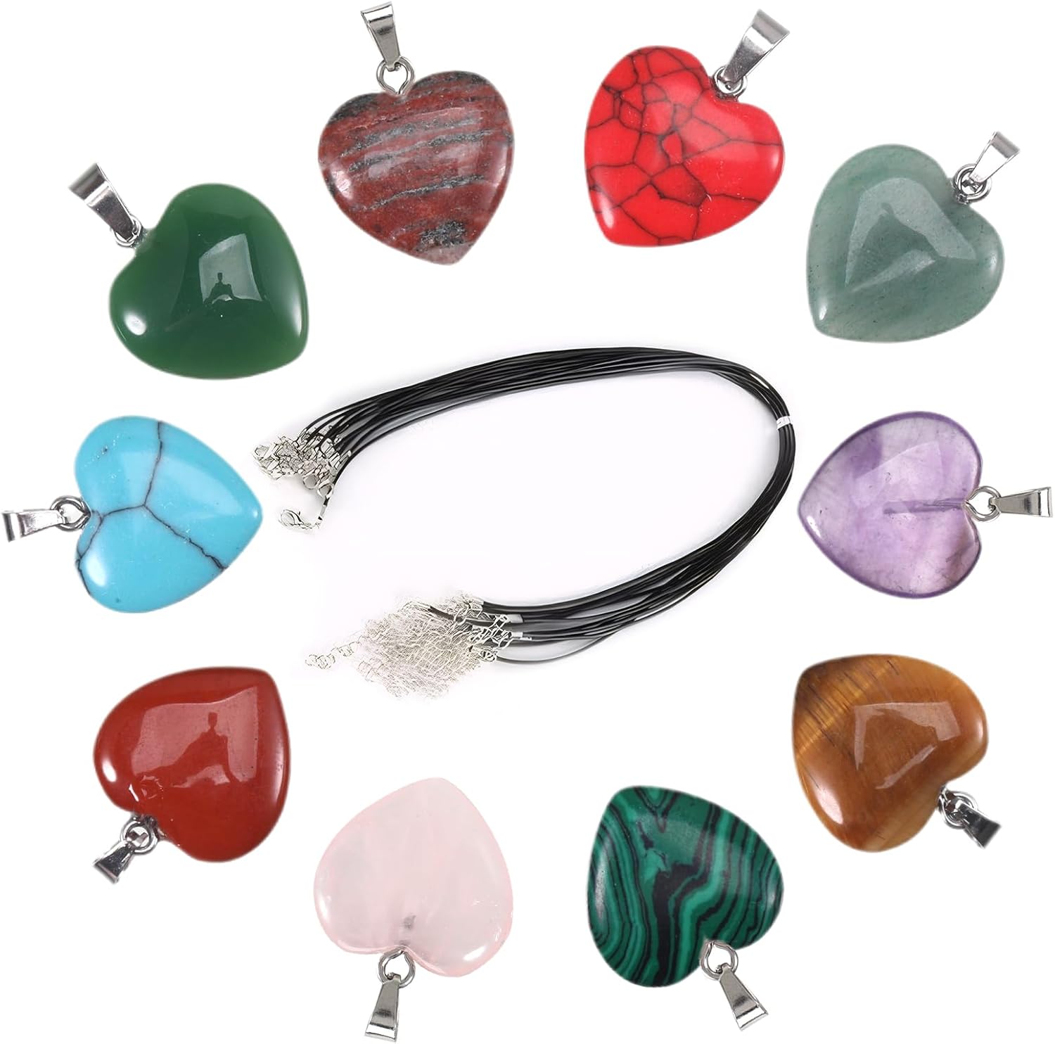 UICCVOKK 10 Pcs Heart Pendants, Crystal Necklace,Heart Shape Stone Pendants Charms,10 Colors Mixed Crystal Agate Stones,Worry Stone,Healing Crystals for Women Jewellery Making Kit,20mm