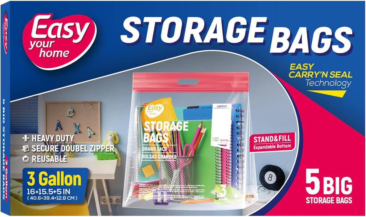 3 Gallon Zipper Lock Plastic Bags with Handle and Bottom,16"x18",Extra Large Size Reusable Storage Bag with Double Zip for Clothing,Travel,Moving,Beach,BPA-Free,3-Mil Thick