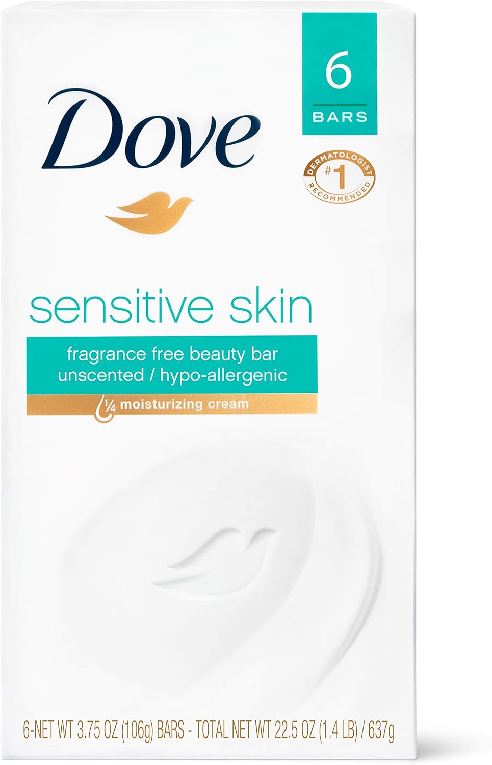 Sensitive Skin Unscented Moisturizing Cream Beauty Bar by Dove, 6 Count 4 Oz Each