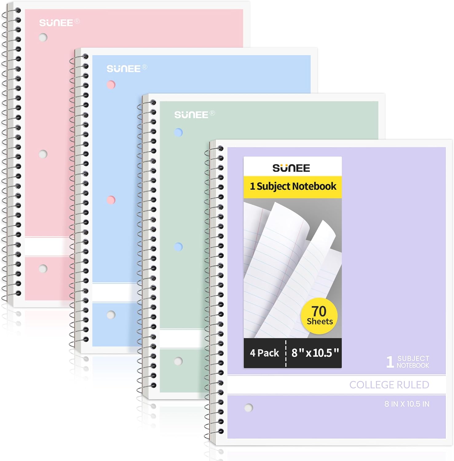 SUNEE Spiral Notebooks College Ruled, 1-Subject, 4 Pack, 8 x 10-1/2 in, 70 Sheets, 3-Hole Punched Paper, Pastel Pink, Purple, Blue, Green for School, Home & Office, Writing Journal