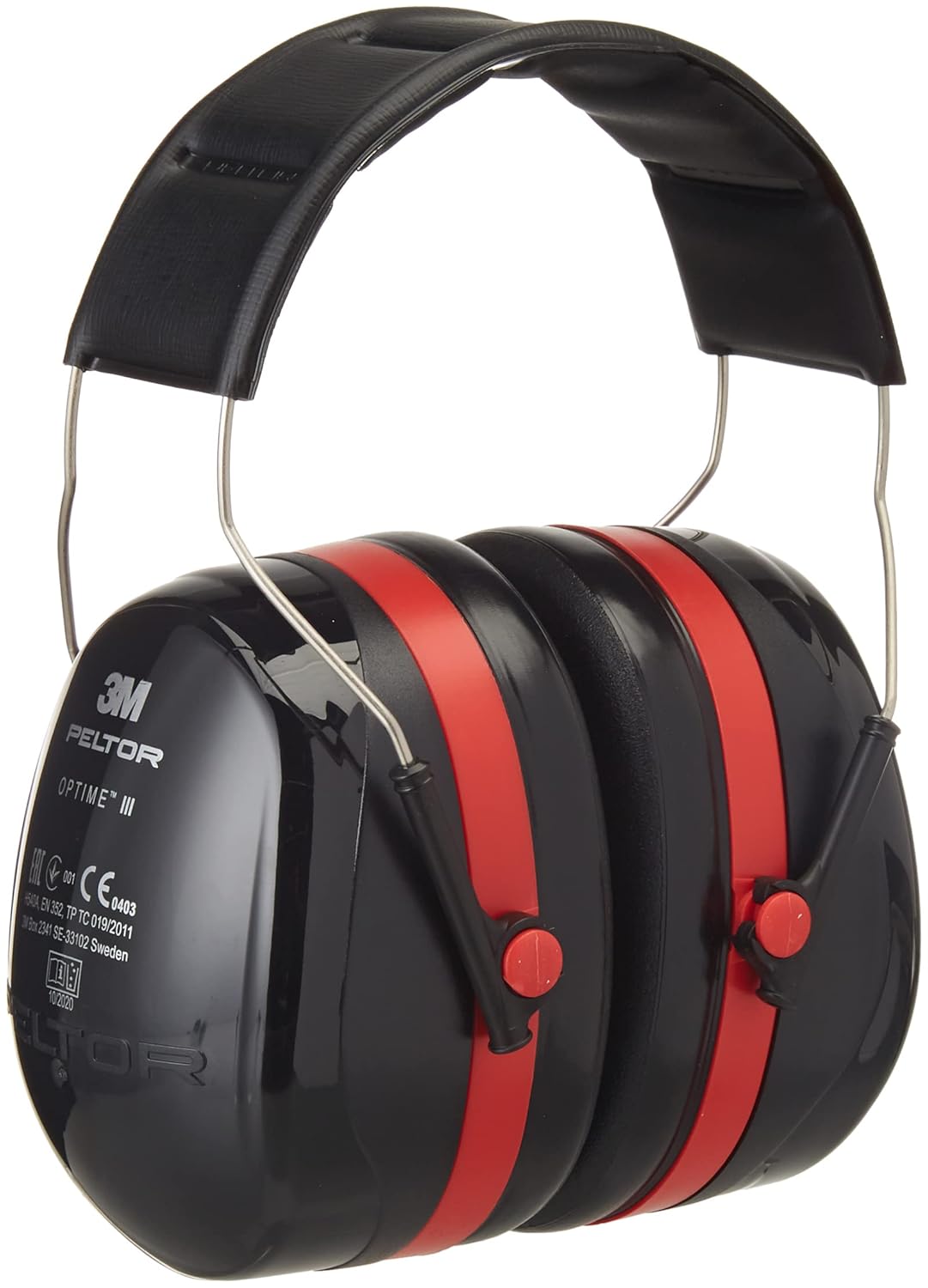 3M Peltor Optime III Ear Defenders Adults – Protective Earmuffs with Headband, Hearing Protection Against High Noise Levels in Industrial Settings, 35 dB, Black/Red
