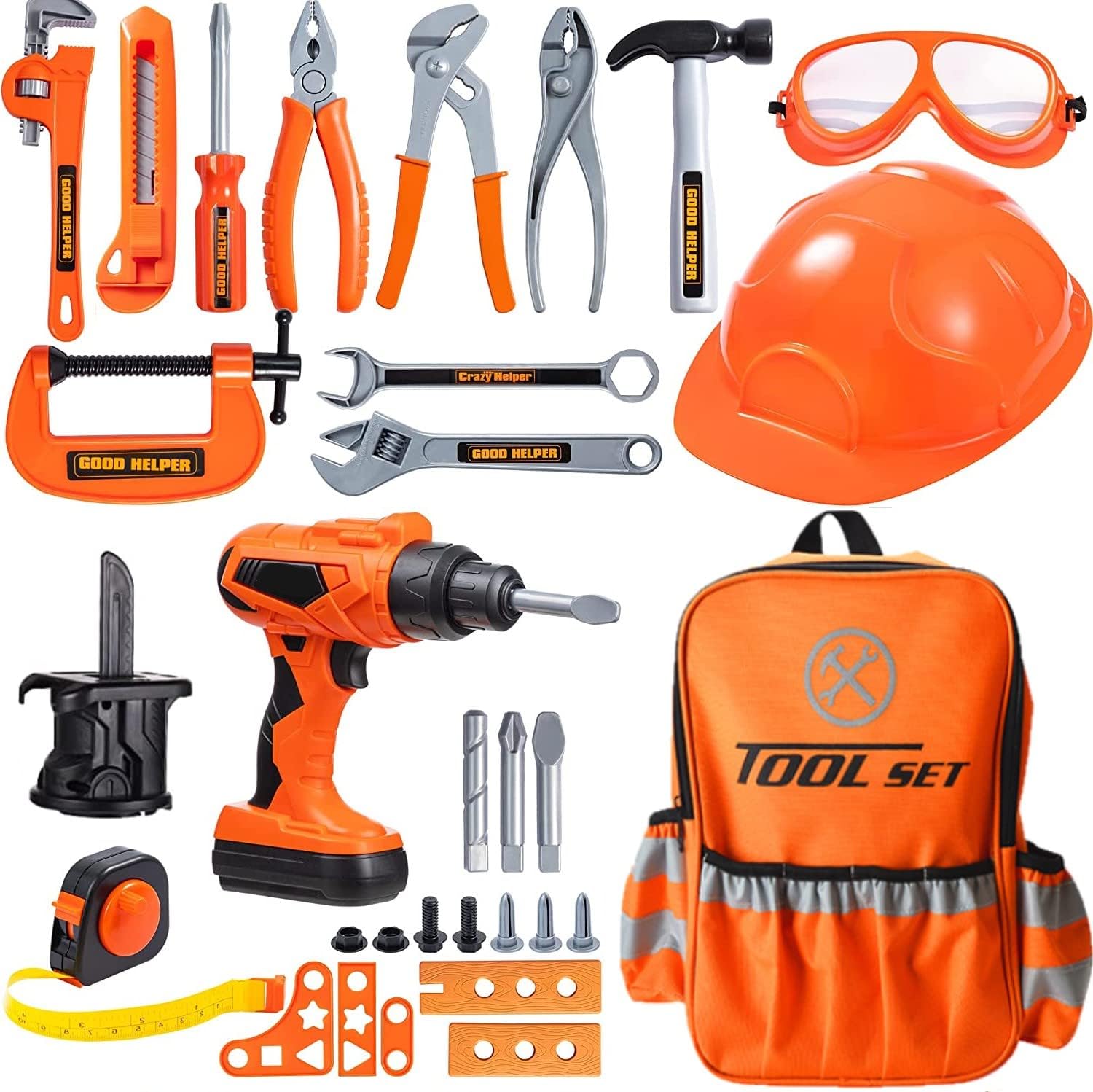 LATERN 32Pcs Kids Construction Tool Toy Kit, Building Play Tools Kit Included Backpack Power Drill Chuck Saw Bits Helmet Wrench Pliers Screwdriver Tape Measure for Kids Construction Pretend Play