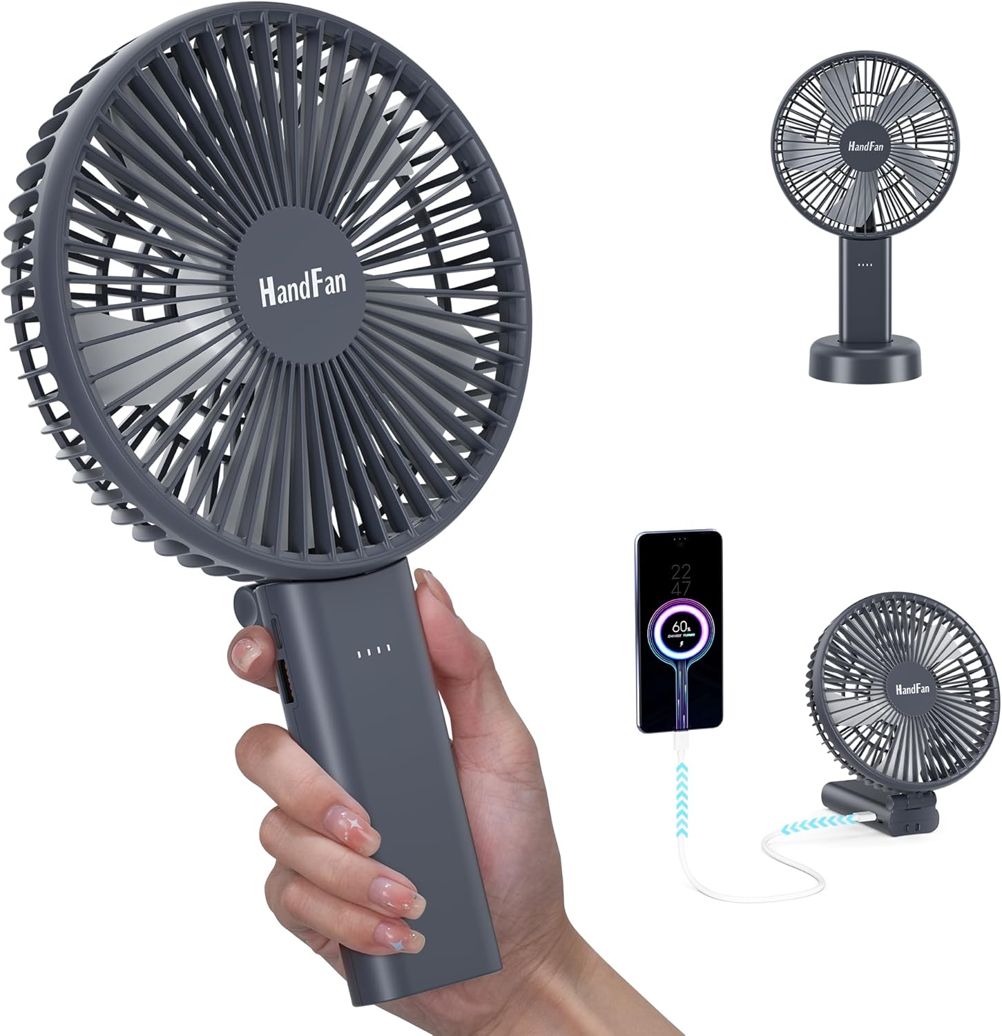 HandFan 6 Inch Handheld Fan with 4000mAh Battery 6 Speed Personal Fan, Strong Airflow, Cooling Desk Removable Base Design, 5-34H Working Time, 180° Foldable for Travel Outdoor Office Household(grey)