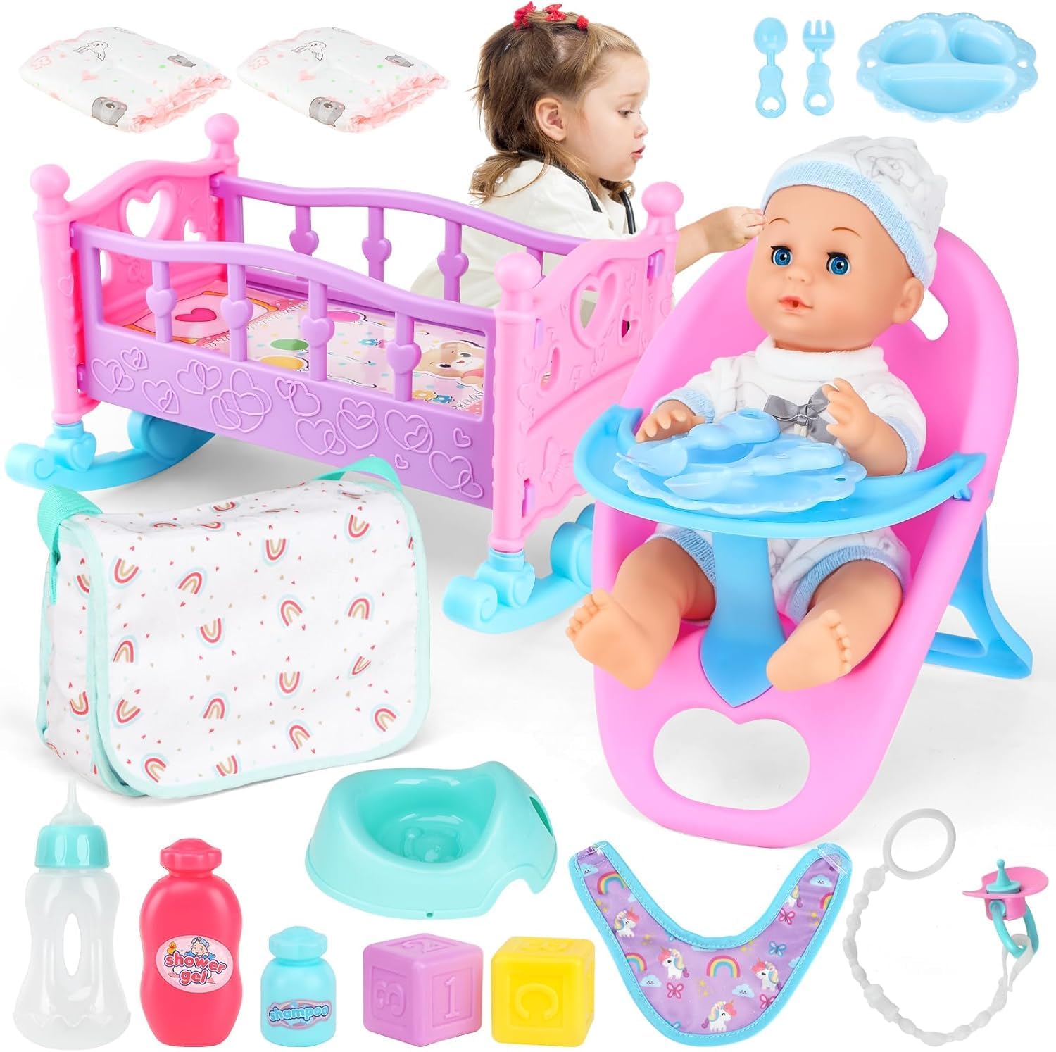 Interactive Baby Boy Doll Set with Accessories, 13" Poseable Baby Doll, Potty Training, Cot, Toddler Chair, Clothes, Feeding Set, Realistic Dolls Role Play Toys Gift for Boys Girls Kids 3+ Years