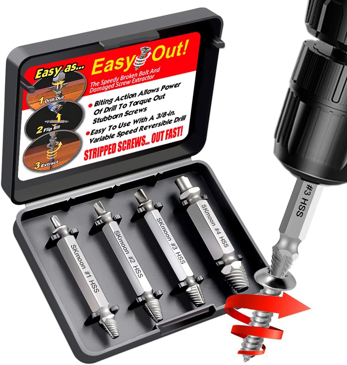 SKmoon Damaged Screw Remover and Extractor Set , Made From H.S.S. 4341#, the Hardness Is 62-63hrc ( Set of 4 )