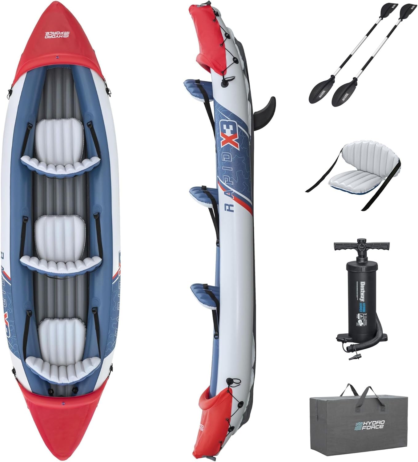 Bestway Hydro-Force 3 Person Inflatable Kayak Set with Aluminium Oars and Hand Pump, 3 Man Kayak