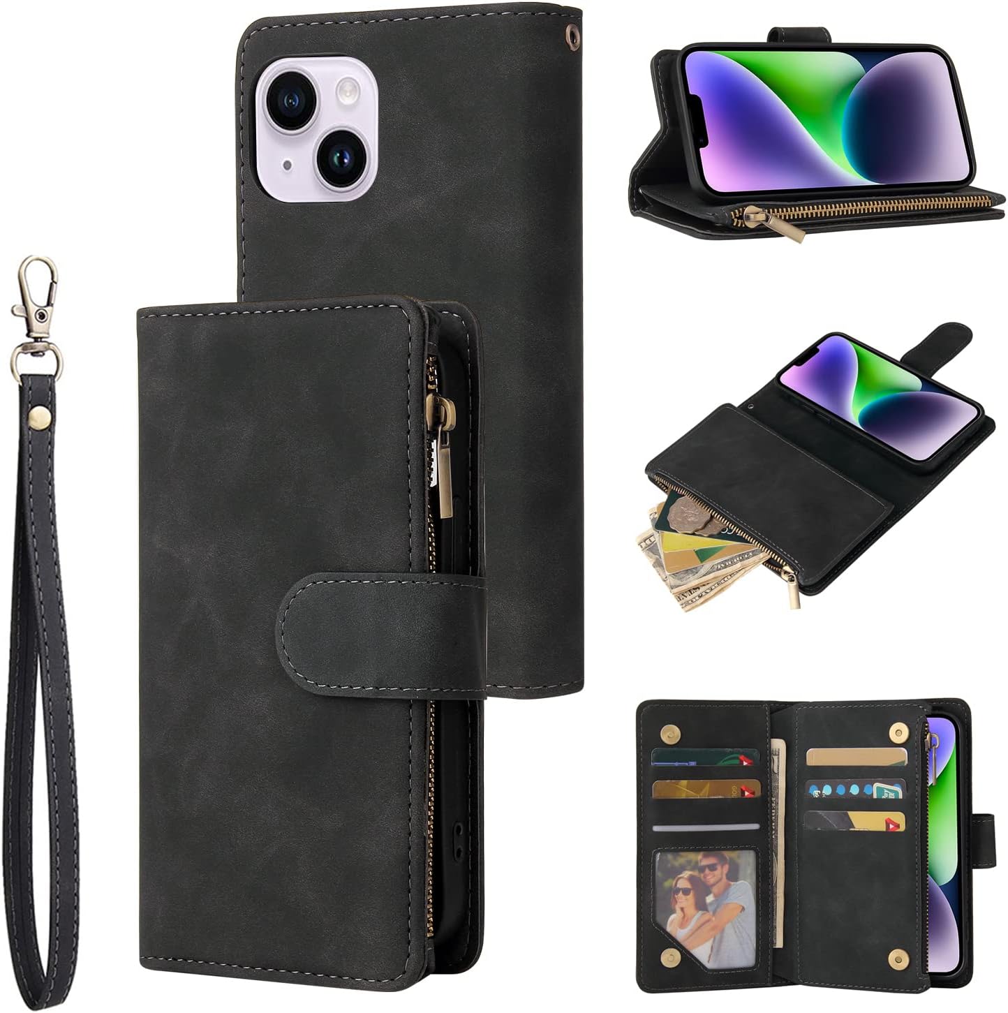 QLTYPRI Case for iPhone 14 Plus, Large Capacity Leather Wallet Case 6 Card Holder & 1 Zipper Pocket Kickstand Wrist Strap Magnetic Shockproof Phone Cover for iPhone 14 Plus - Black