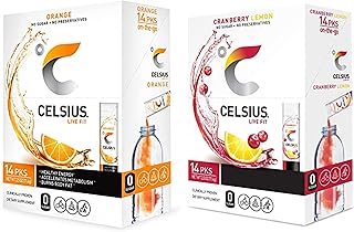 CELSIUS On-the-Go Powder Stick, Combo Pack of Orange and Cranberry Lemon, 14 Pieces Assortment