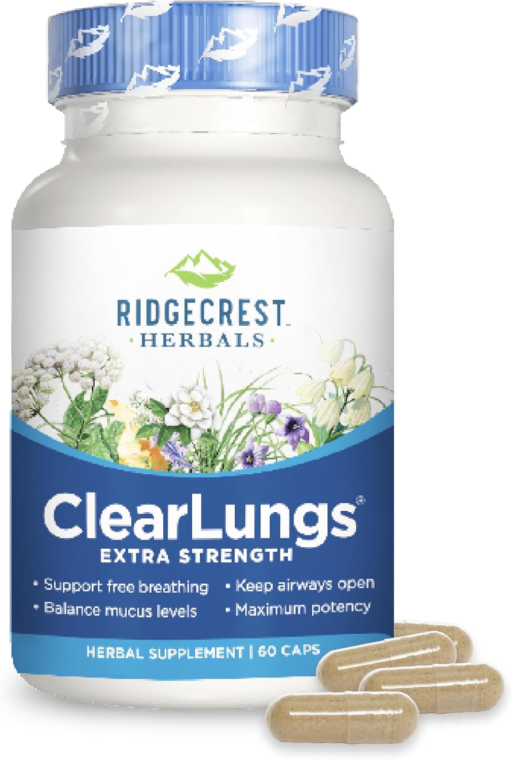 RidgeCrest Herbals ClearLungs Extra Strength, Natural Lung, Nasal Health Formula, Bronchial, Respiratory, Sinus, Mucus Support (60 Caps, 30 Serv)
