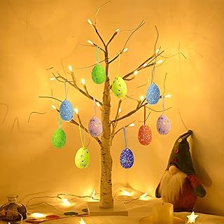 Weillsnow 24 Inch Pre-lit White Birch Tree with Easter Egg Ornaments, Battery Operated 24 Warm White Led Lights Table Centerpiece for Party Home Spring Easter Holiday Decorations (Glitter Eggs)