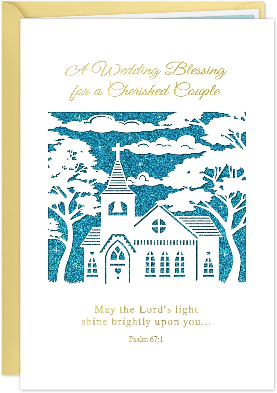D24TIME Elegant Religious Wedding Card – Die-Cut Church & Trees Design on Glitter Turquoise Blue – Christian Wedding Greeting Card for Bride and Groom – Personalized Blessings Card with Envelope