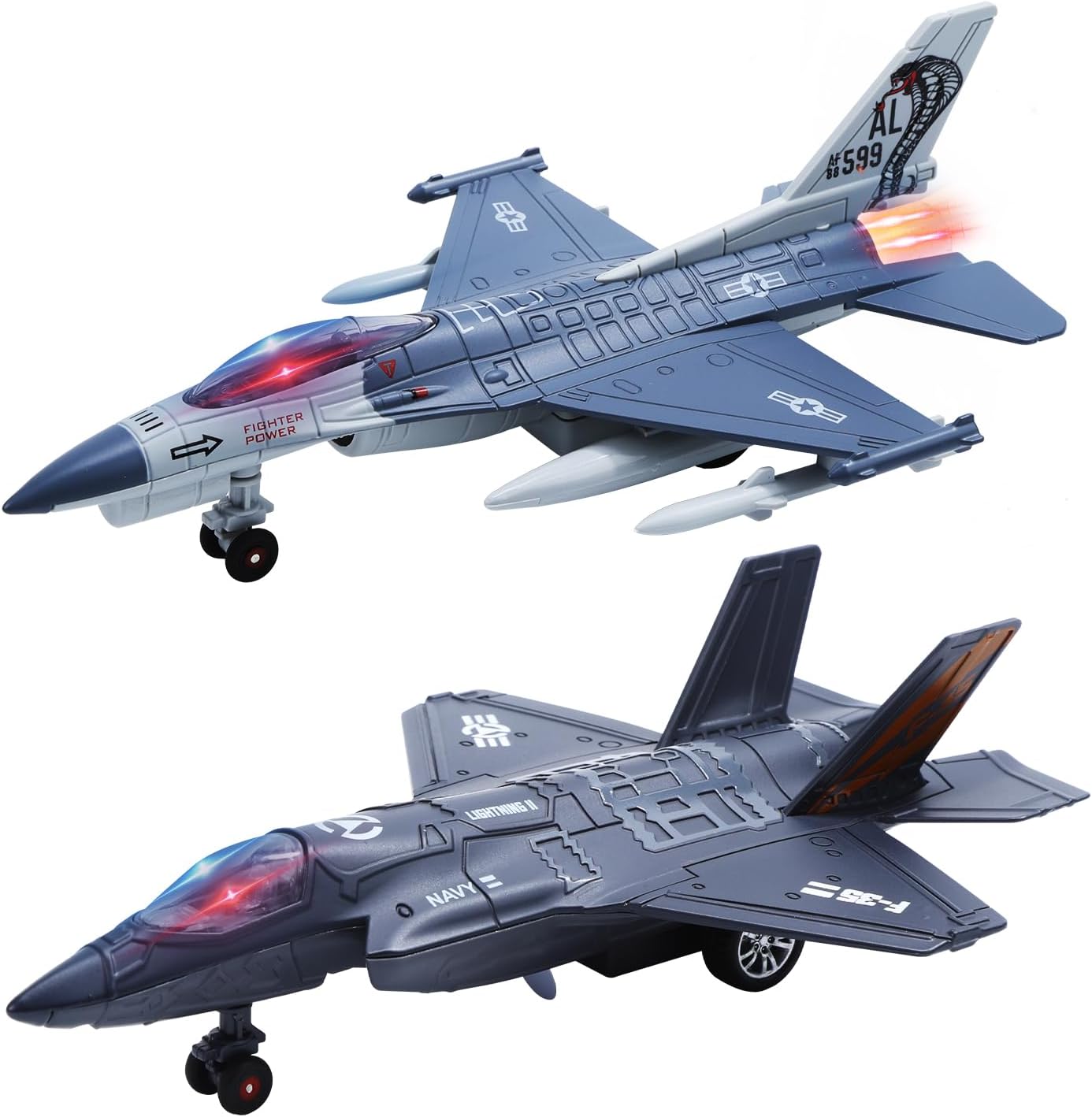 HOLYFUN 2 Packs Toys Airplane for Boys with Sound & Light, Fighter Jet Plane Model Toys, Pull Back Diecast Plane Toys for Kids