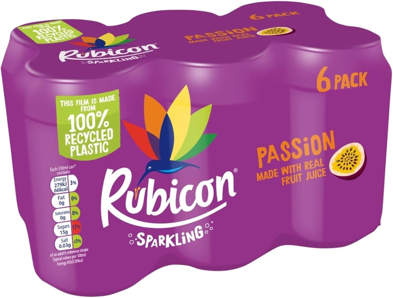 Rubicon Passion Sparkling Fruit Soft Drink, 6 Pack, 330ml Cans