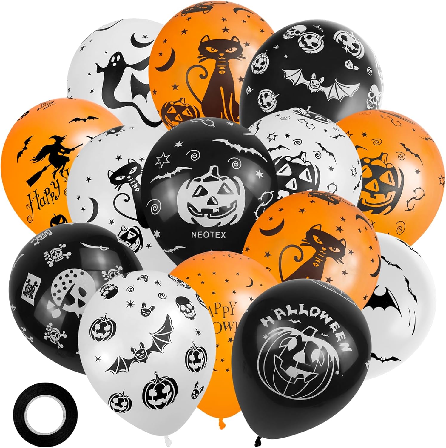 Jsdoin 12 Inch 50 Pack Halloween Decorations Balloons, Black Orange White Latex Printed Pattern Balloons, with Ribbon for Party Decoration
