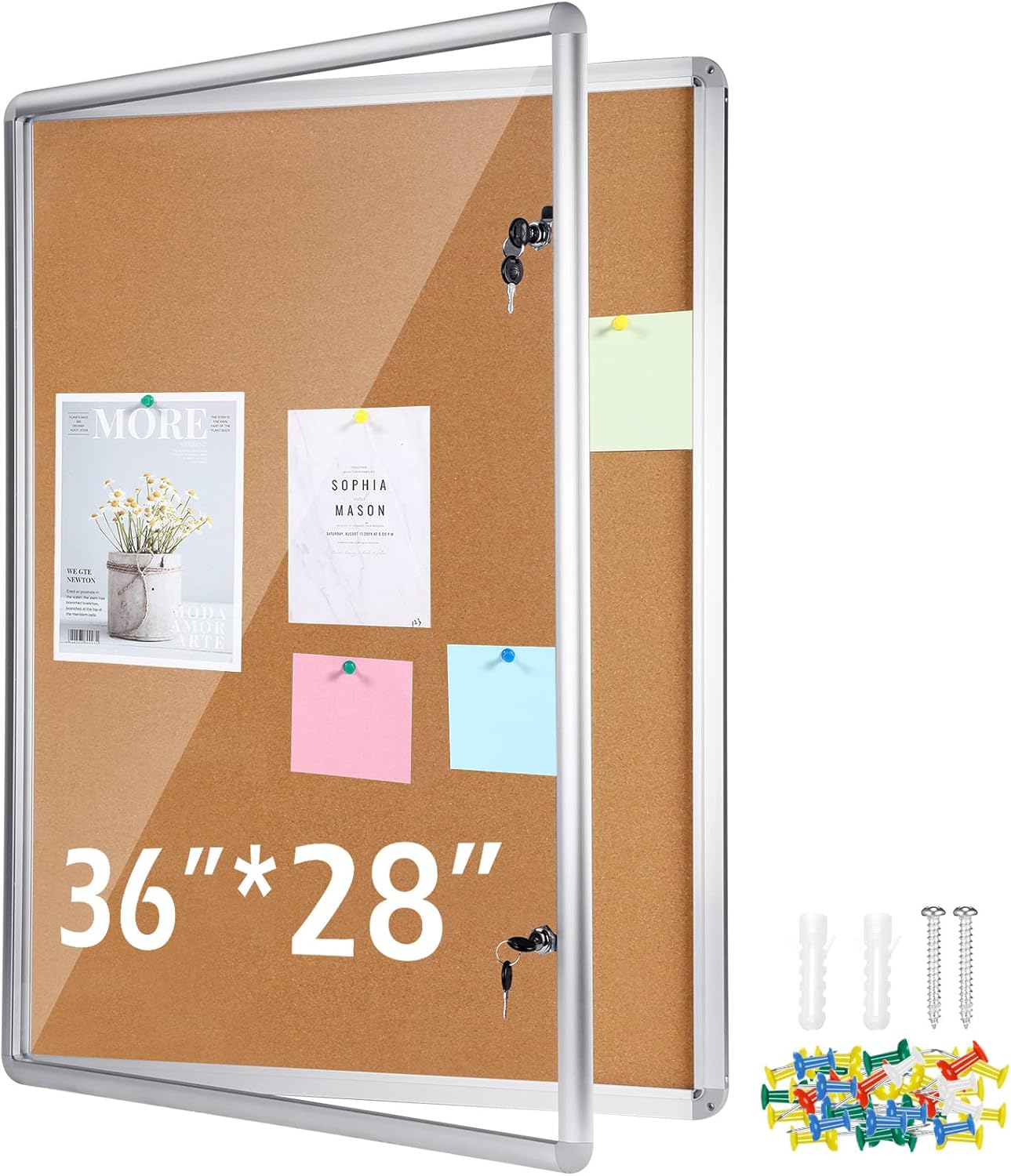 Ctosree Enclosed Bulletin Board 36x28 Inch Lockable Cork Notice Board Glass Waterproof Aluminum Framed with Mounting Screws for Office School Hospital Community Outdoor Display Case(Natural Color)