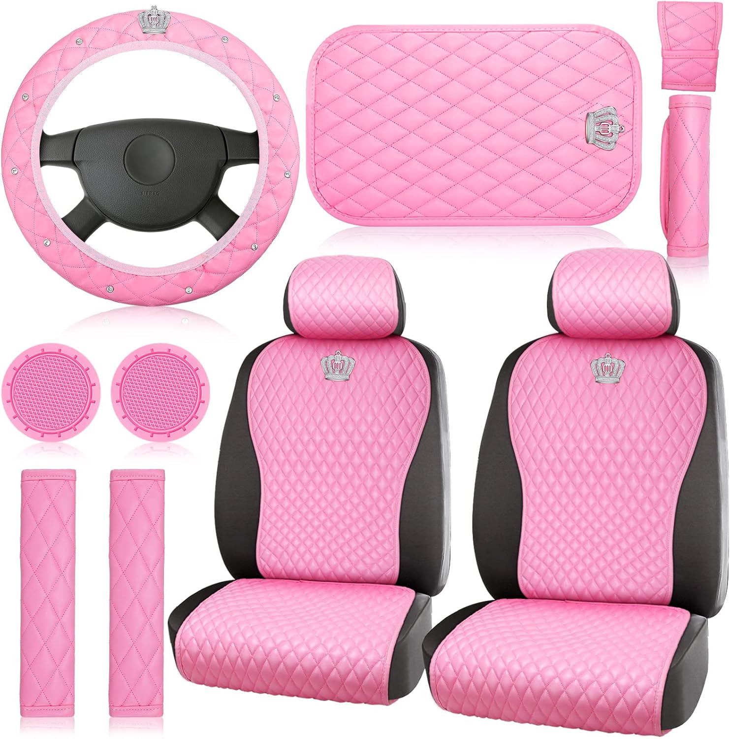 Tallew 14 Pcs Black Car Accessories Set Leather Diamond Seat Cover Steering Wheel Cover with Seat Belt Covers Center Console Pad Cup Holders Gear Cover for Women Car Interior Decor(Front Set)