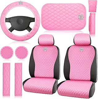 Tallew 14 Pcs Black Car Accessories Set Leather Diamond Seat Cover Steering Wheel Cover with Seat Belt Covers Center Console Pad Cup Holders Gear Cover for Women Car Interior Decor(Front Set)