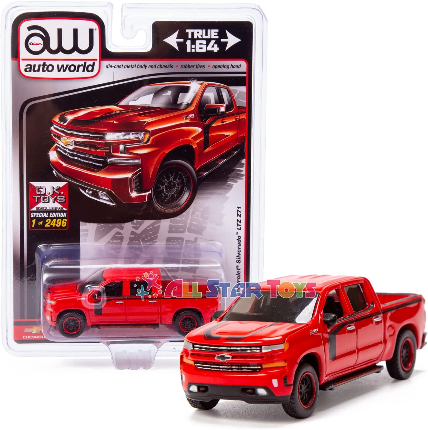 2019 Chevrolet Silverado LTZ Z71 Red Limited Edition to 2496 Pieces Worldwide 1/64 Diecast Model Car by Auto World CP7918