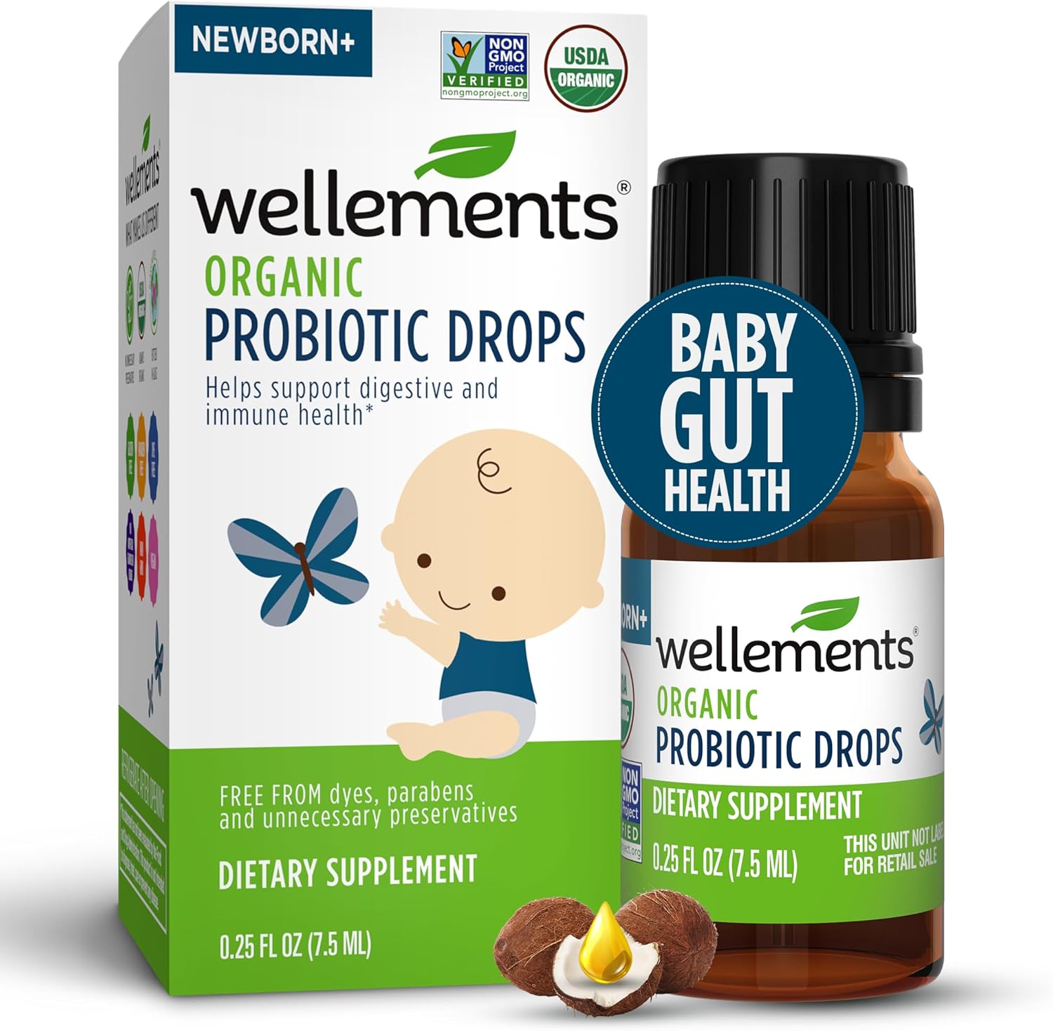 Wellements Organic Baby Probiotic Drops (0.25 Fl Oz) - Digestive & Immune Support for Infants - Toddler Probiotic Helps with Newborn+ Gut Health, Gas, Constipation & Colic Support - Preservative Free