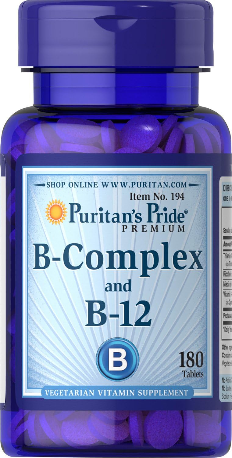 Puritan's Pride Premium Vitamin B-Complex and Vitamin B-12, Vegetarian Dietary Supplement for Cellular Energy Production, Maintains Health of Skin and Nerves Support, 180 Tablets