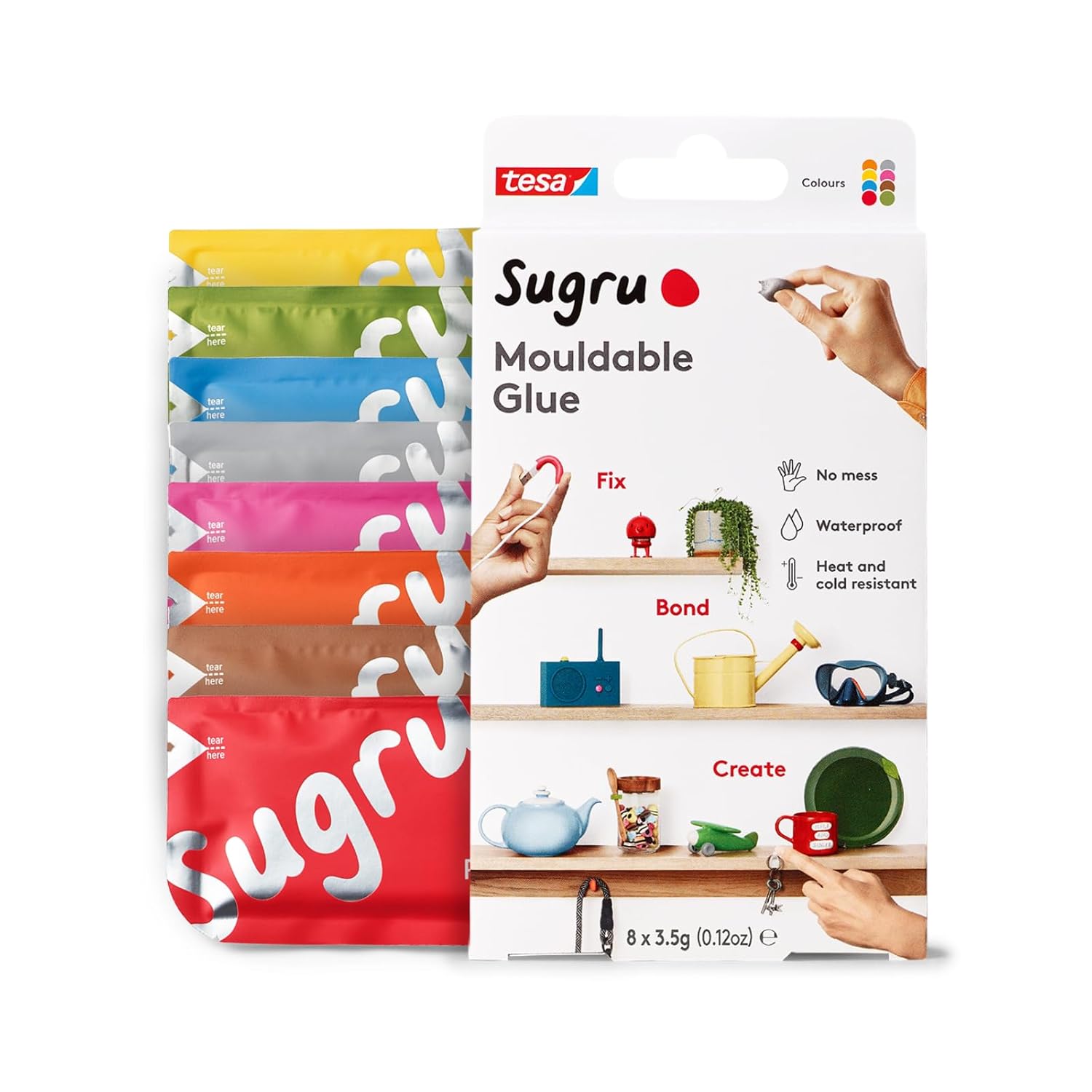 Sugru by tesa - Mouldable Multi-Purpose Glue for Creative Fixing and Making, Red-Blue-Yellow-Grey-Green-Brown-Orange & Pink, 8-Pack