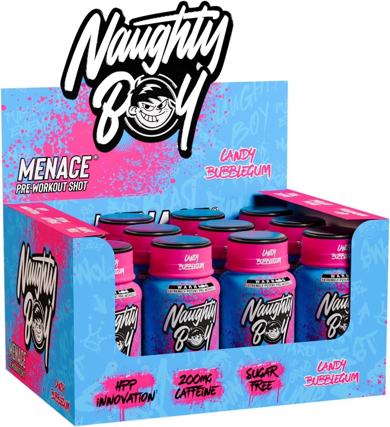 NaughtyBoy Menace Pre-Workout Shot - Candy Bubblegum,12 x 60ml, No Artificial Preservatives, HPP Processed, Pre-Training Energy