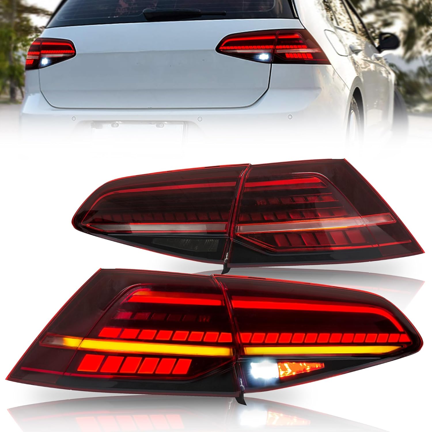 VLAND LED Tail lights Compatible with Golf7 Golf7.5 MK7 MK7.5 2014-2020(Not for GTI/R) Full Led Rear Lamp Assembly w/Sequential, Red lens