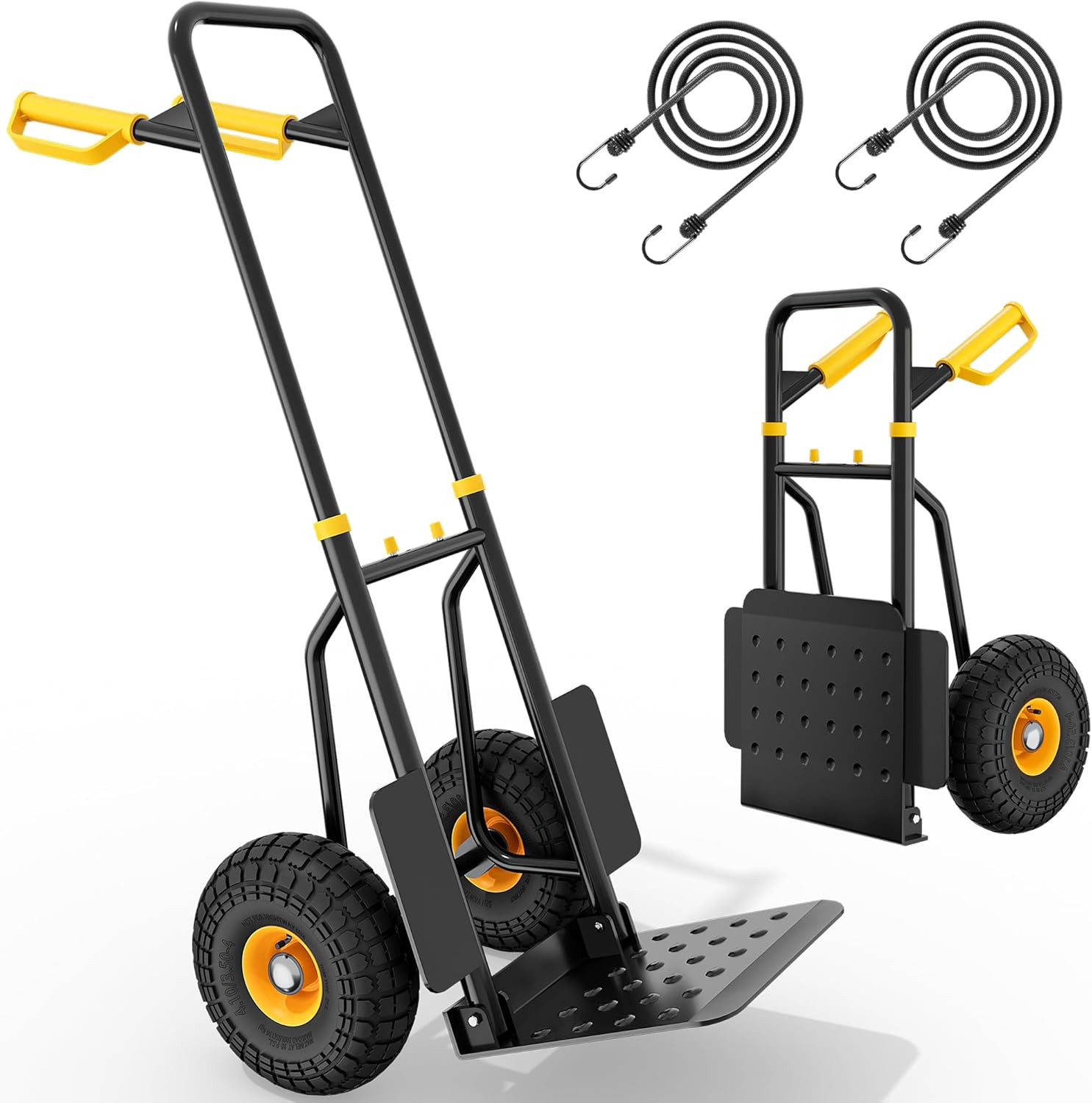 YITAHOME Foldable Hand Truck Trolley with 2x Big Industrial Wheels, Heavy Duty Height Adjustable Sack Truck with High Grip Silent Wheels, 150kg Capacity Incl. 2x Elastic Rope