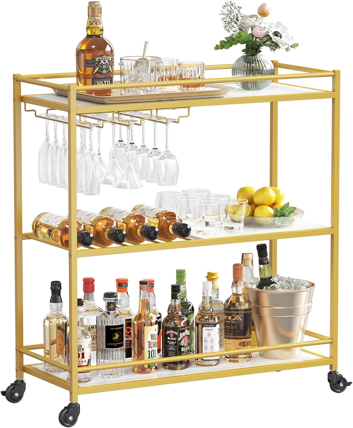 Lifewit Bar Cart Gold, 3 Tier Wine Rolling Cart with Lockable Wheels, 12 Glass Holders and 4 Wine Rack, Home Serving Drink Liquor Cart for Kitchen Dining Living Room, 31.6" x 13.1" x 33.9", Gold