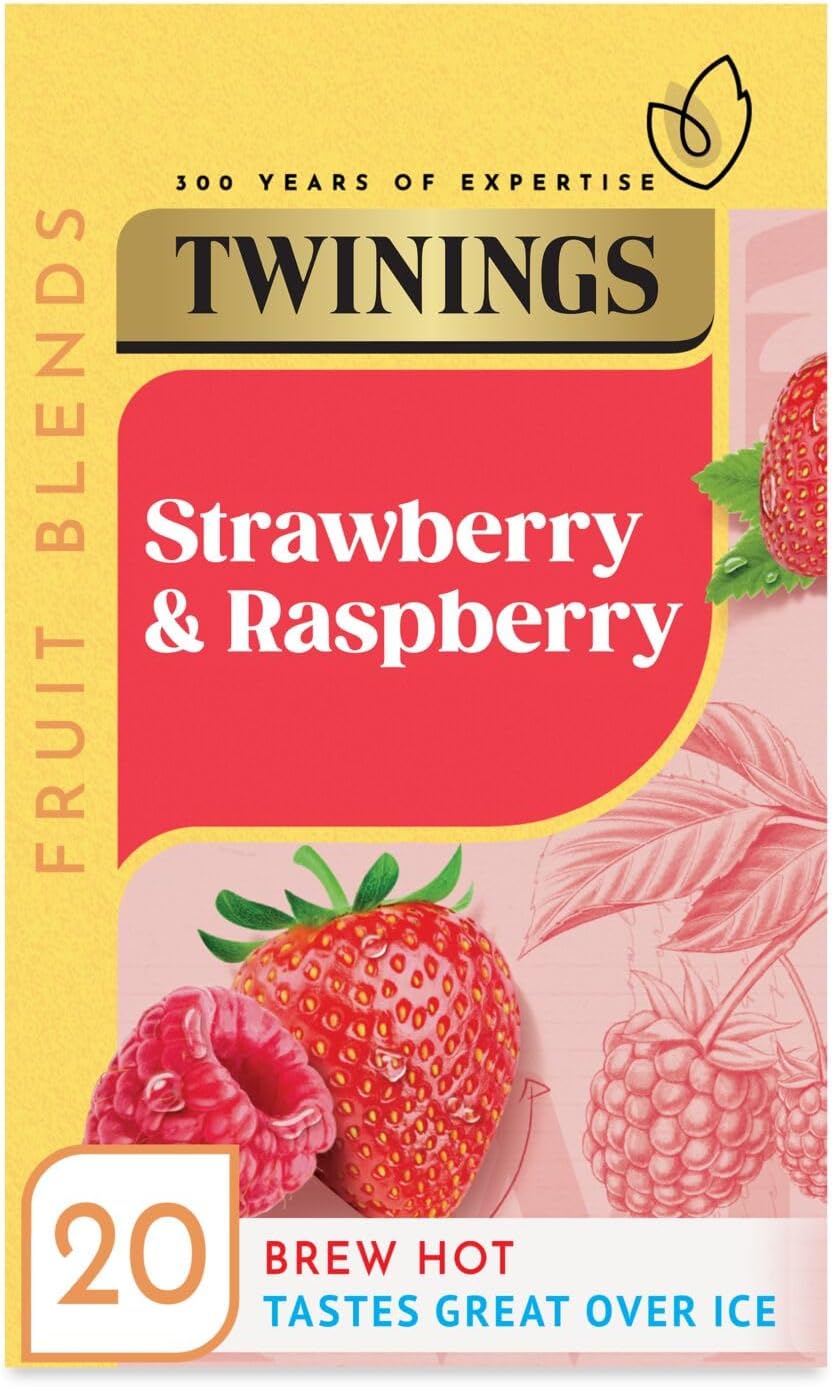 Twinings Strawberry & Raspberry Fruit Infusion Flavoured Tea - 20 Biodegradable Bags (Single pack) Caffeine & Sugar Free Herbal Vegan Tea with Natural Fruit Flavors Refreshing Berry Blend