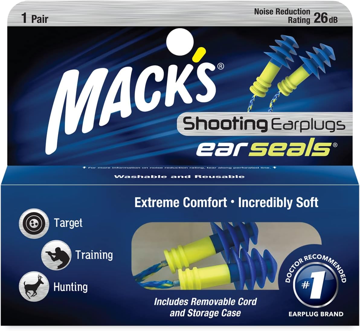 Mack's Ear Seals Shooting Earplugs, 1 Pair with Detachable Cord - 26db High NRR - Comfortable Noise Reduction Ear Plugs for Target Shooting, Trap and Hunting