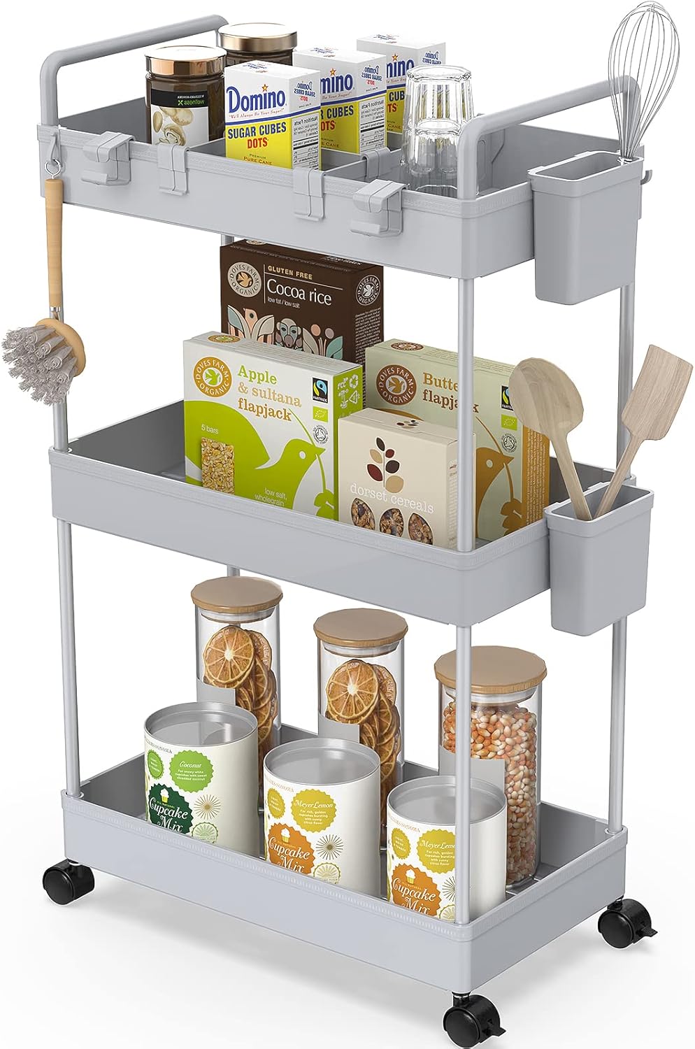 Ronlap Slim Storage Trolley, 3 Tier Rolling Cart Storage Organizer, Utility Rolling Cart with Handle Hanging Cups Dividers for Office Bathroom Kitchen Laundry Room Narrow Places, Grey