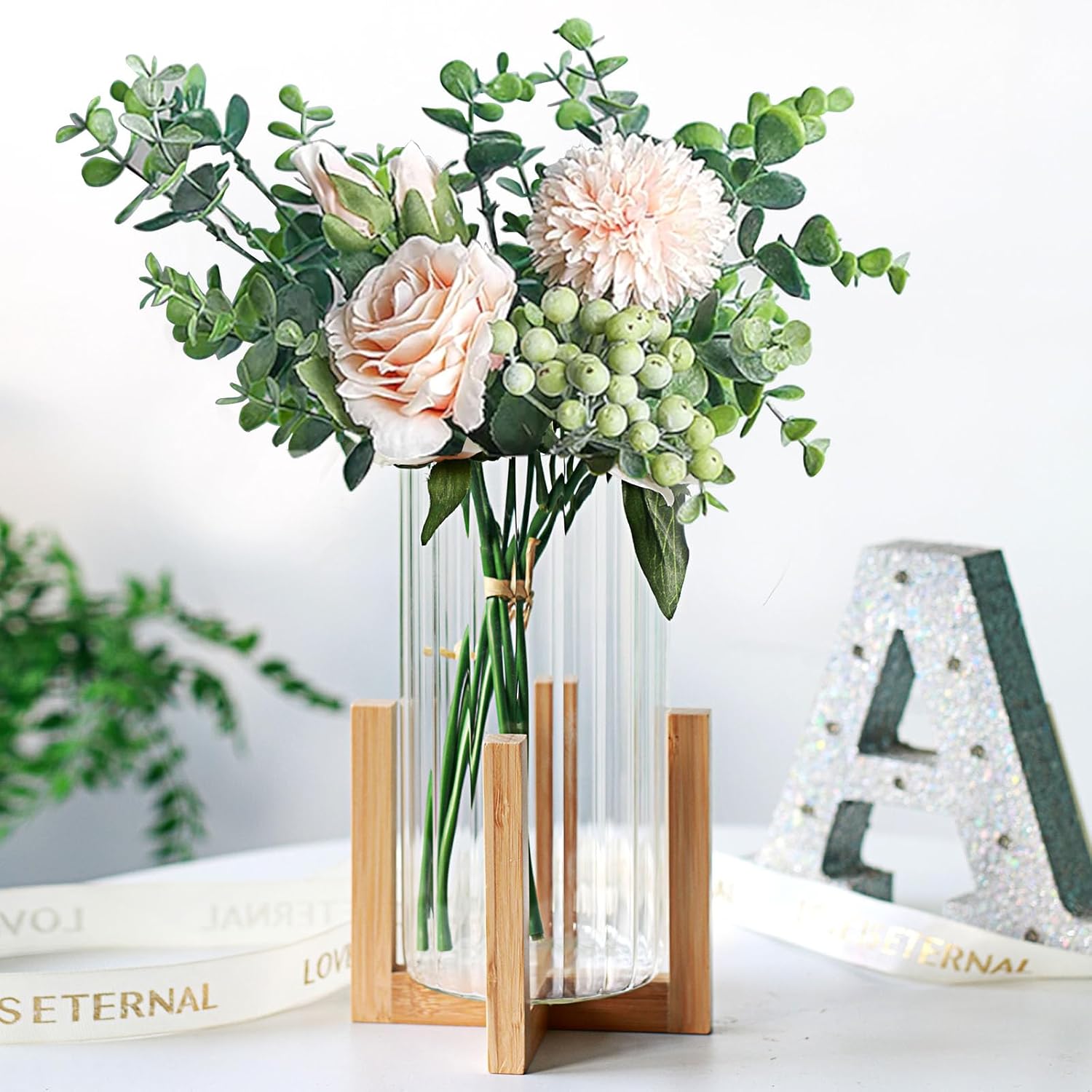 Glass Cylinder Vase with Wood Base,Bud Vase for Centerpieces,8 Inches Clear Ribbed Flower Vases,Tall Glass Hurricane Candle Holder,Wooden Vase Decorative for Home Decor,Wedding,Housewarming Gift