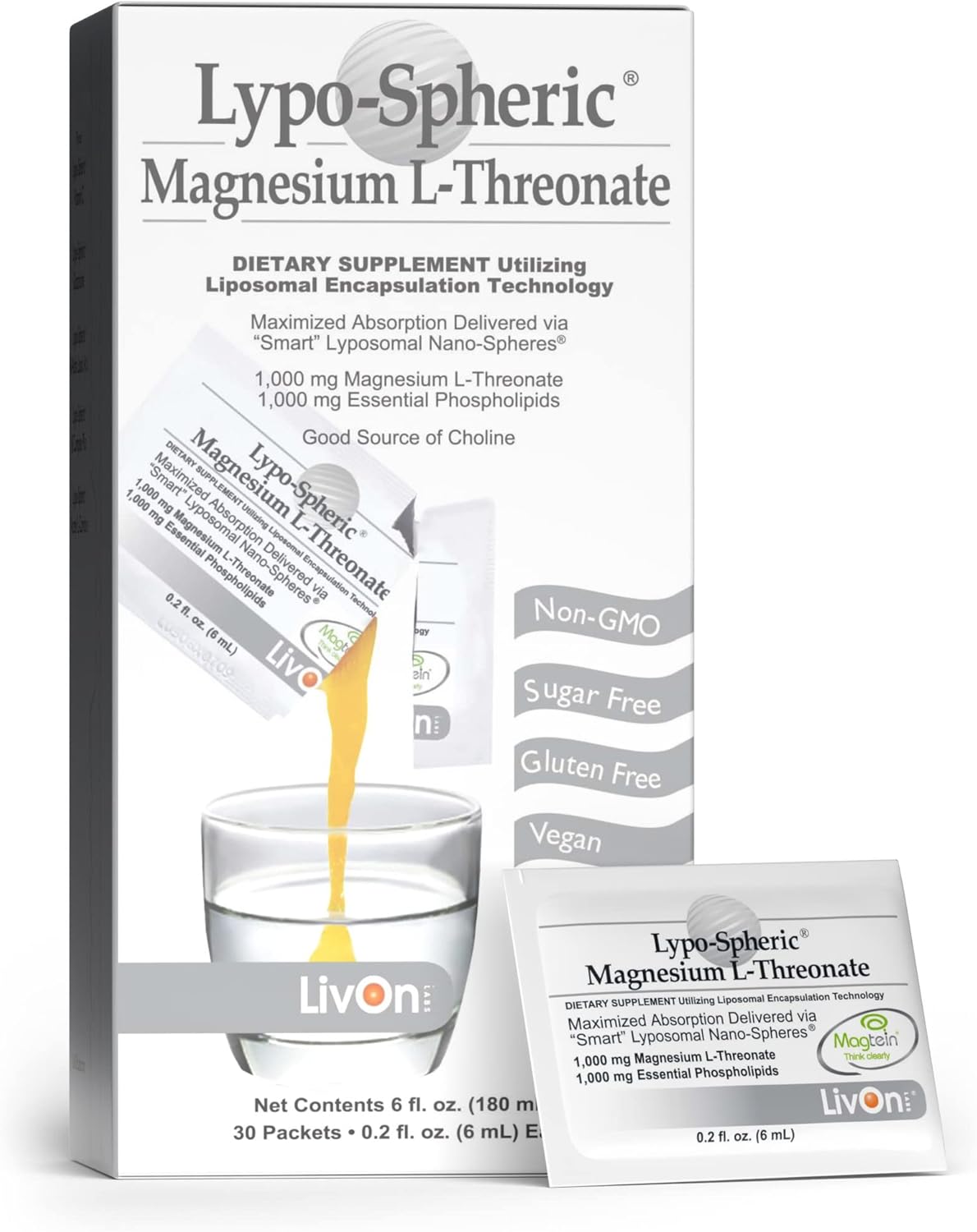 LivOn Laboratories Lypo-Spheric Magnesium L-Threonate - 30 Packets - 77mg Per Packet - Liposome Encapsulated for Maximum Bioavailability - Professionally Formulated - 100% Non-GMO
