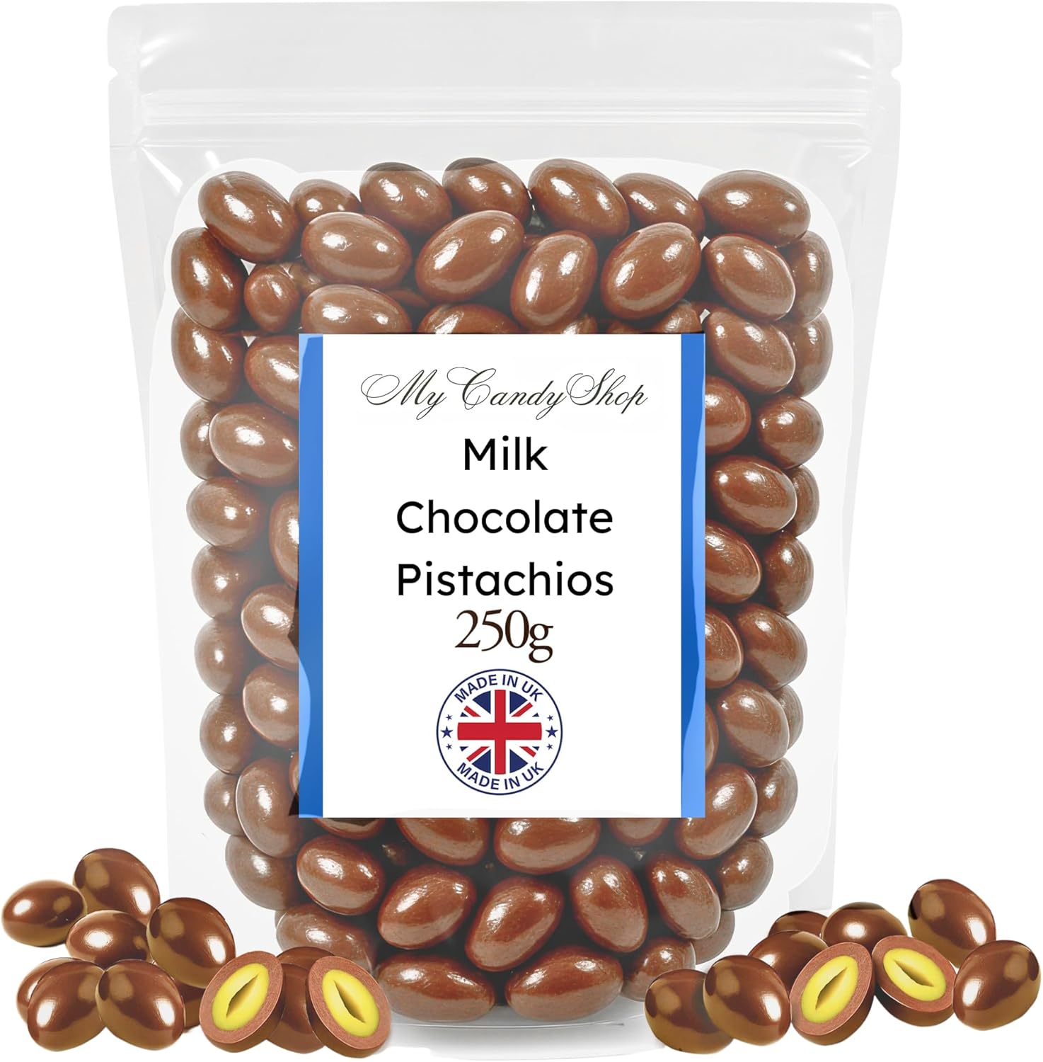 Milk Pistachio Chocolate Nuts 250g - Handcrafted Chocolate Pistachio Nuts with 30% Cocoa - Palm Oil Free- Gourmet Snack for Entertaining, Gifting & Desserts
